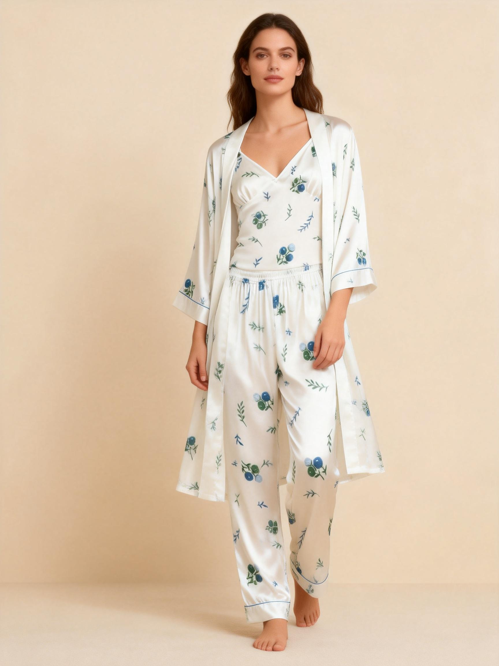 Satin 3-Piece Sleepwear Set with Subtle Blossom Pattern Design