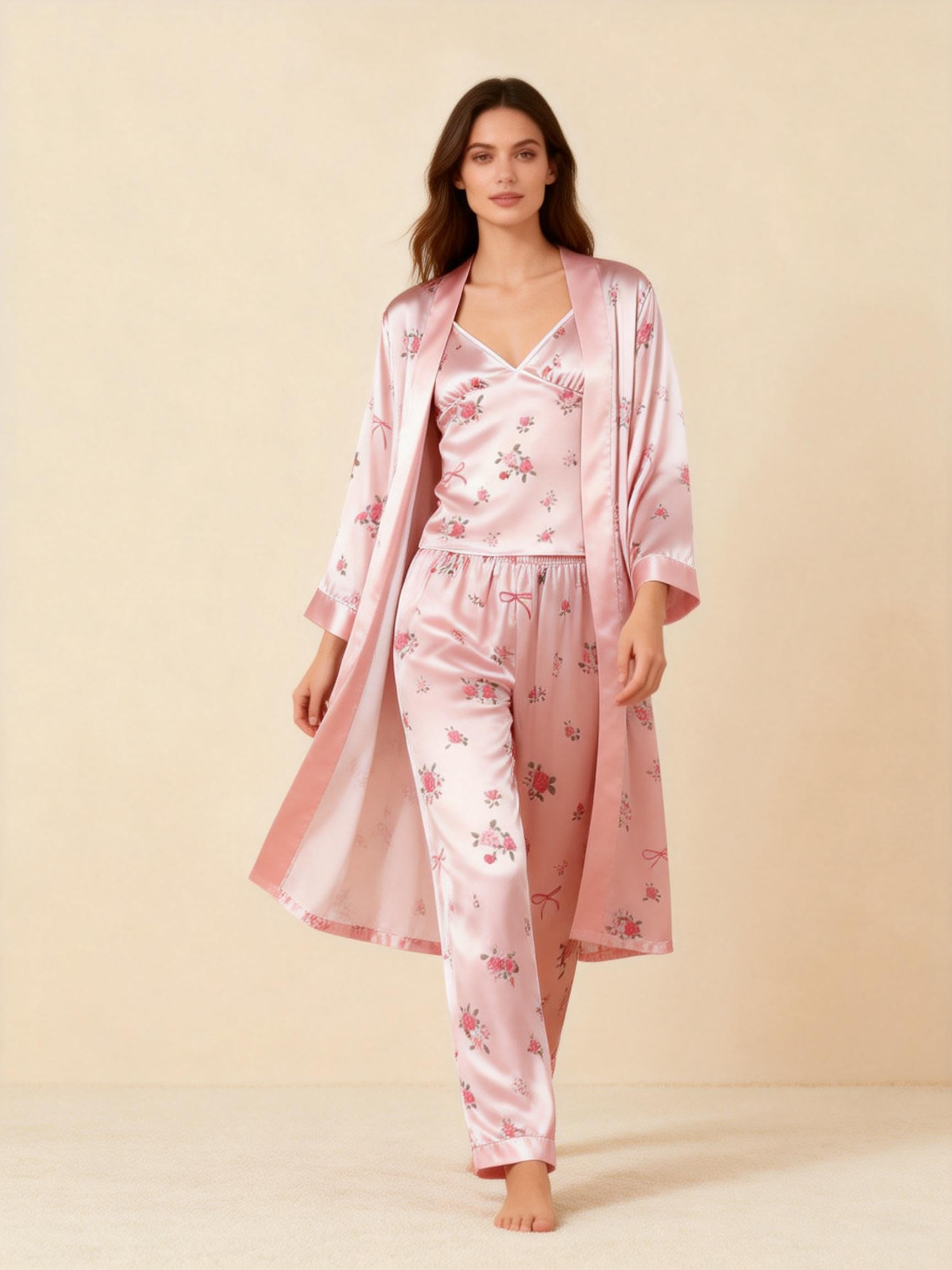Women's Pink Silky Satin Homewear Set in Blossoms Style