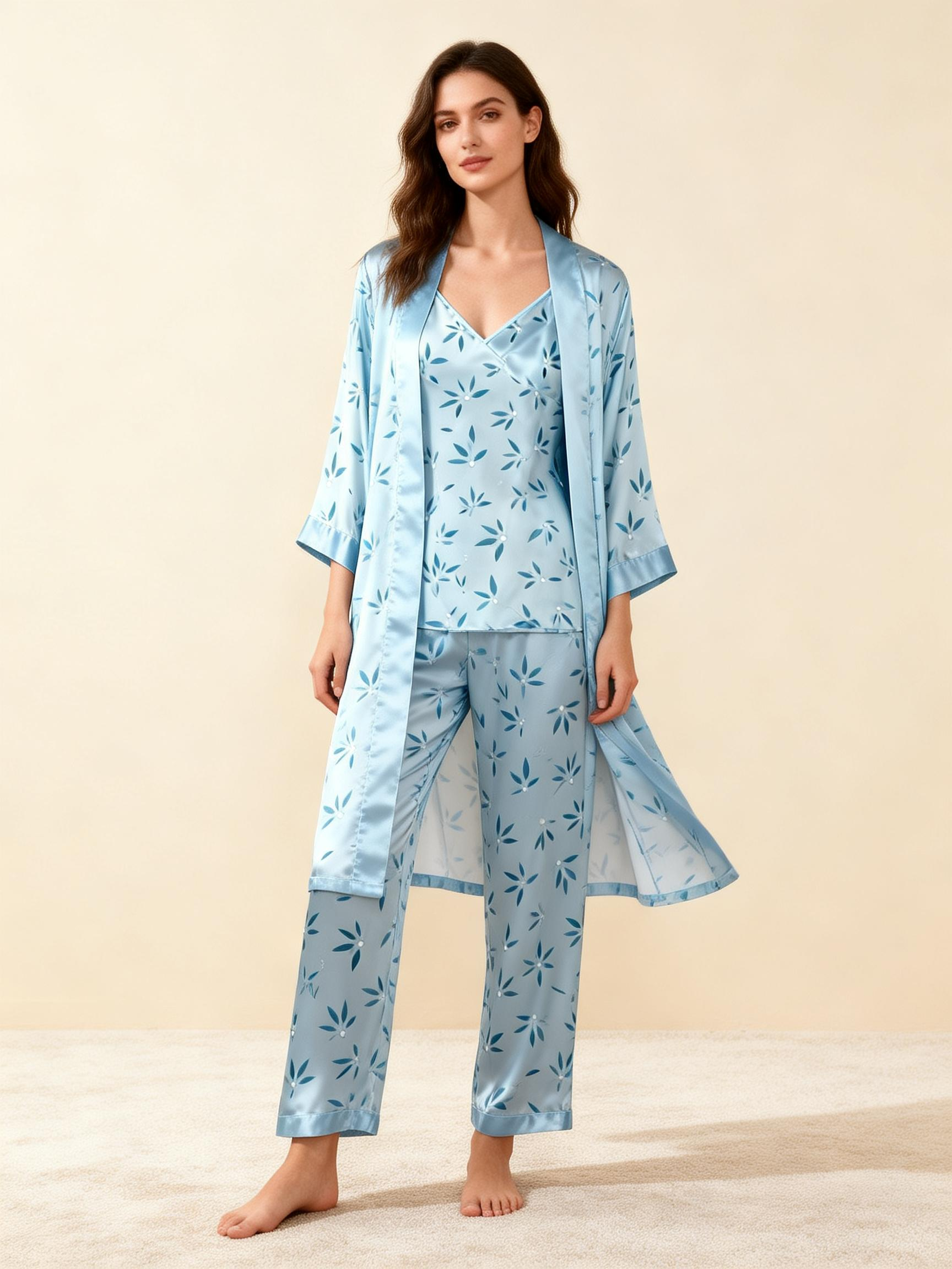 Women's Light Blue Silky Satin Homewear Set with Leaf Motifs