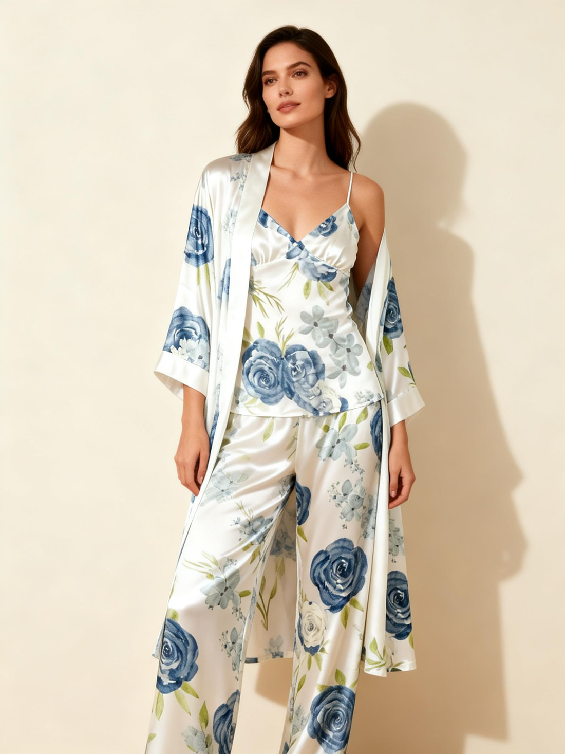 Women's Satin 3-Piece Loungewear Set in Watercolor Floral Style