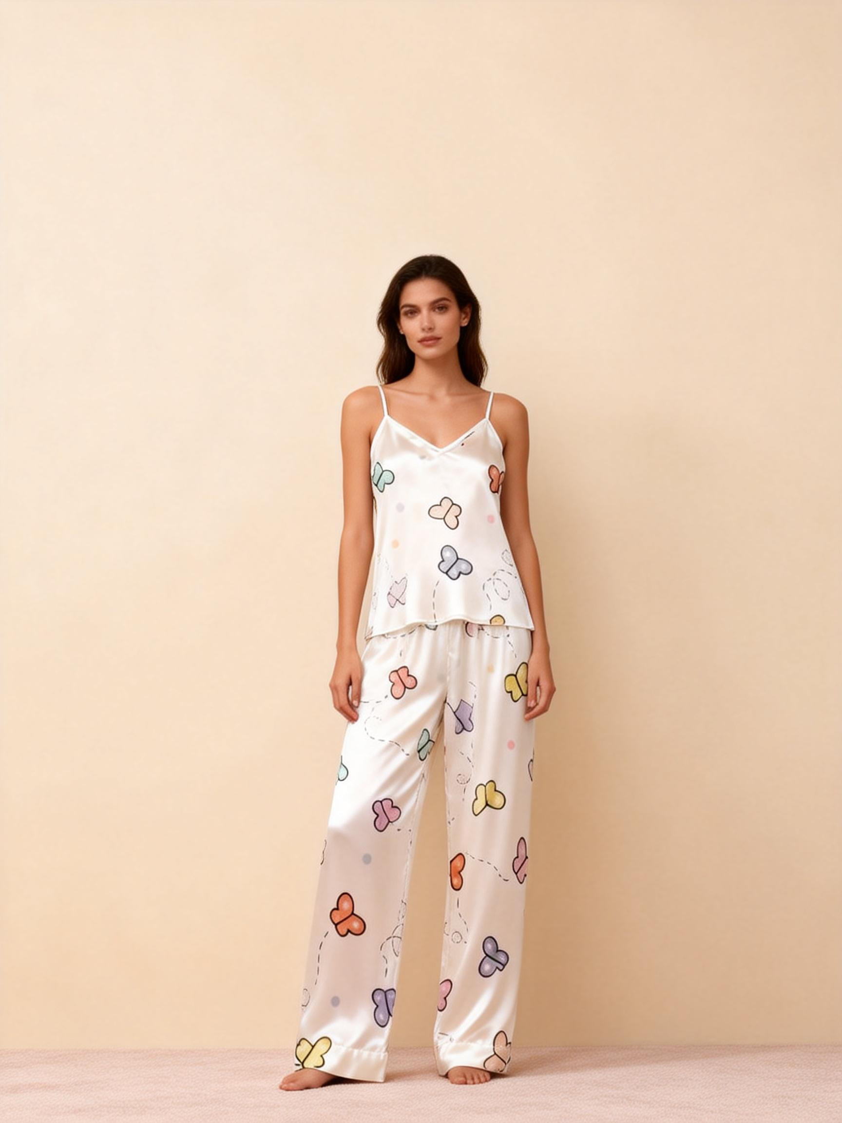 Premium Satin Nightwear Trio With Colorful Butterflies Motif