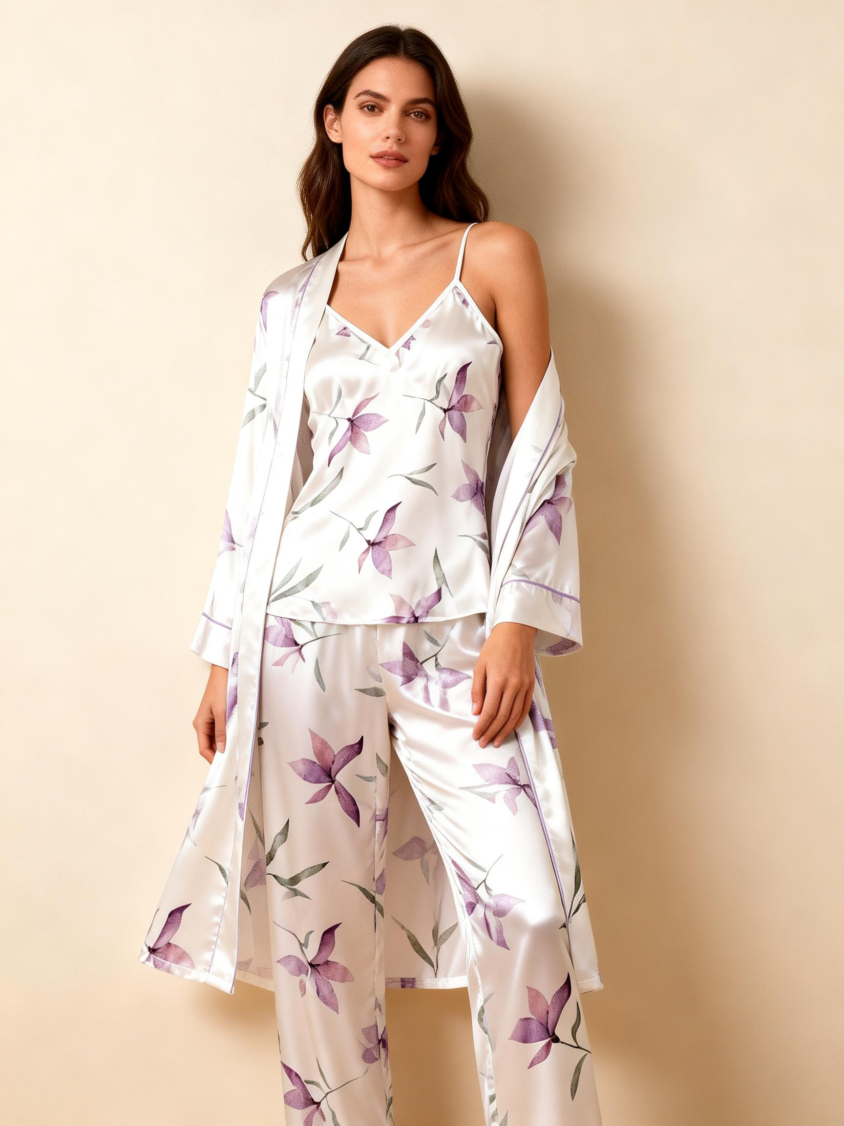 Premium Satin Nightwear Trio With Watercolor Purple Blossoms Motif