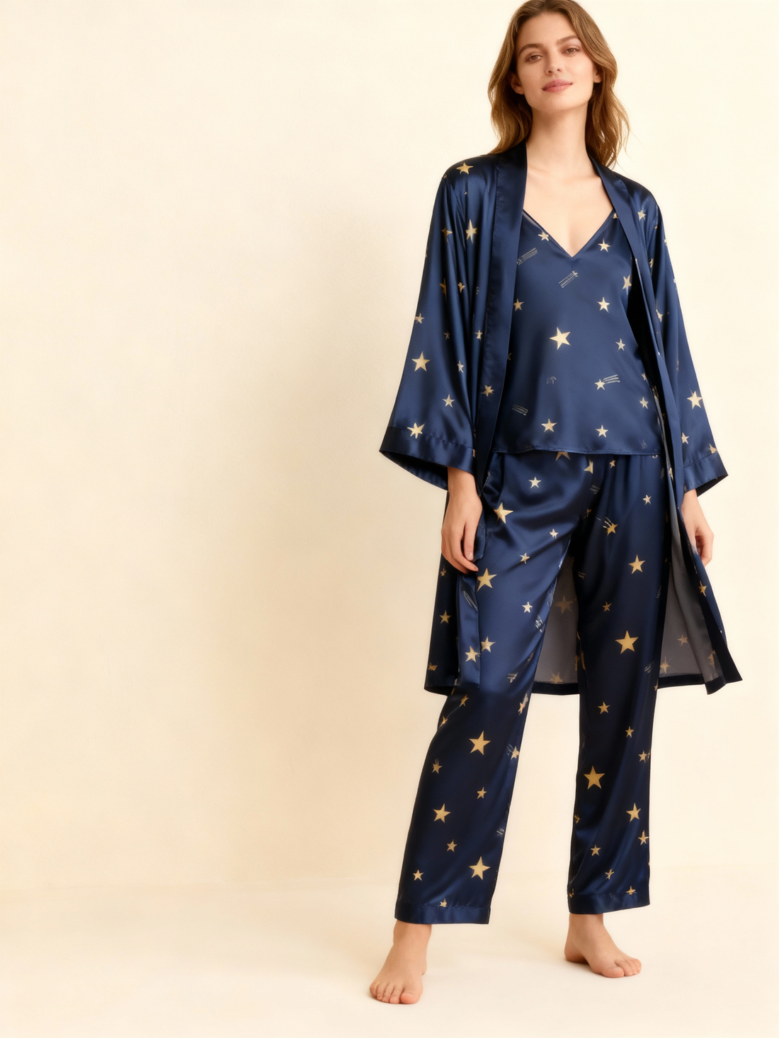 Women's Navy Silky Satin Homewear Set with Star Motifs