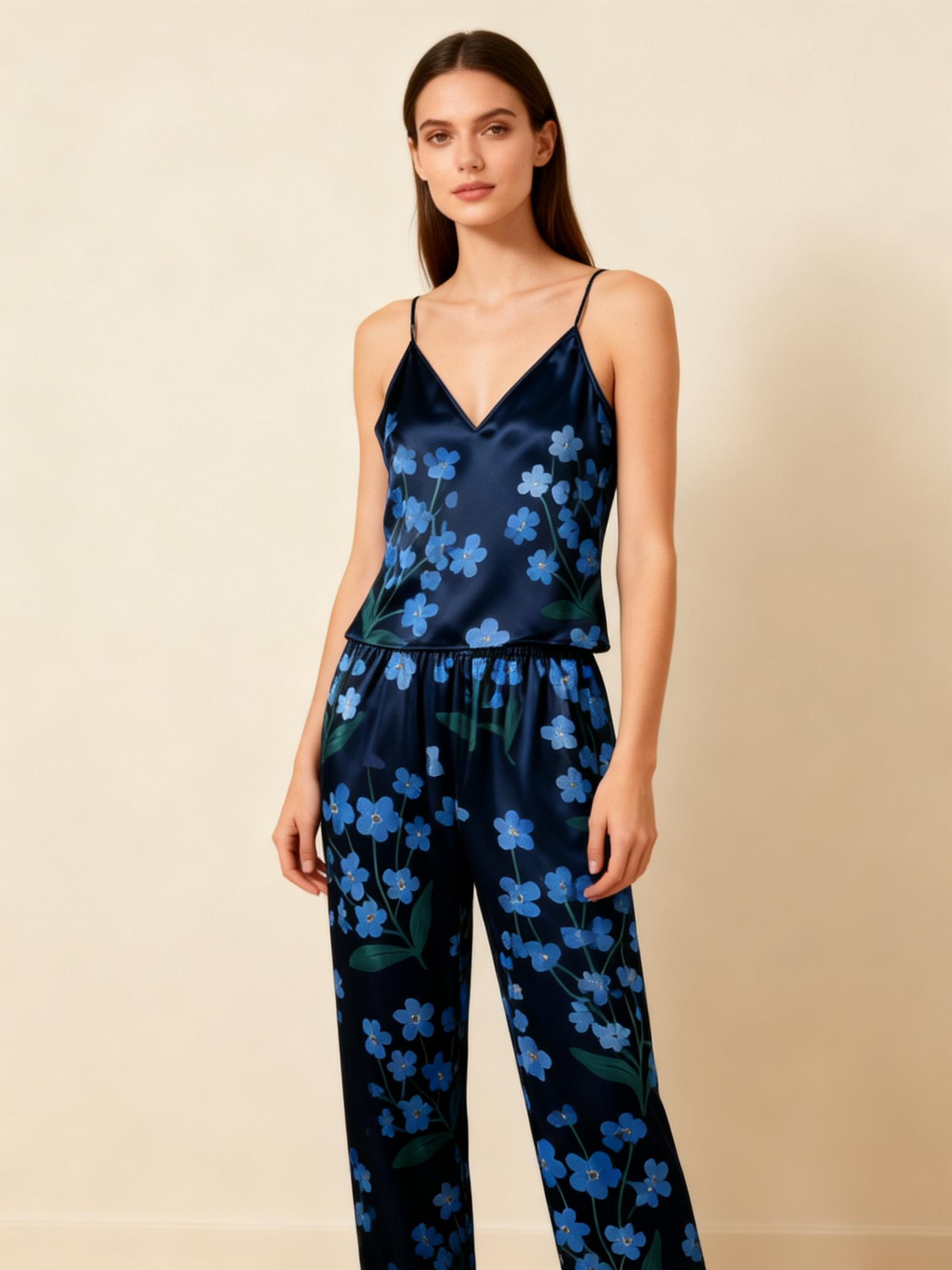 Women's Silky Satin Homewear Set with Blue Blossoms Motifs