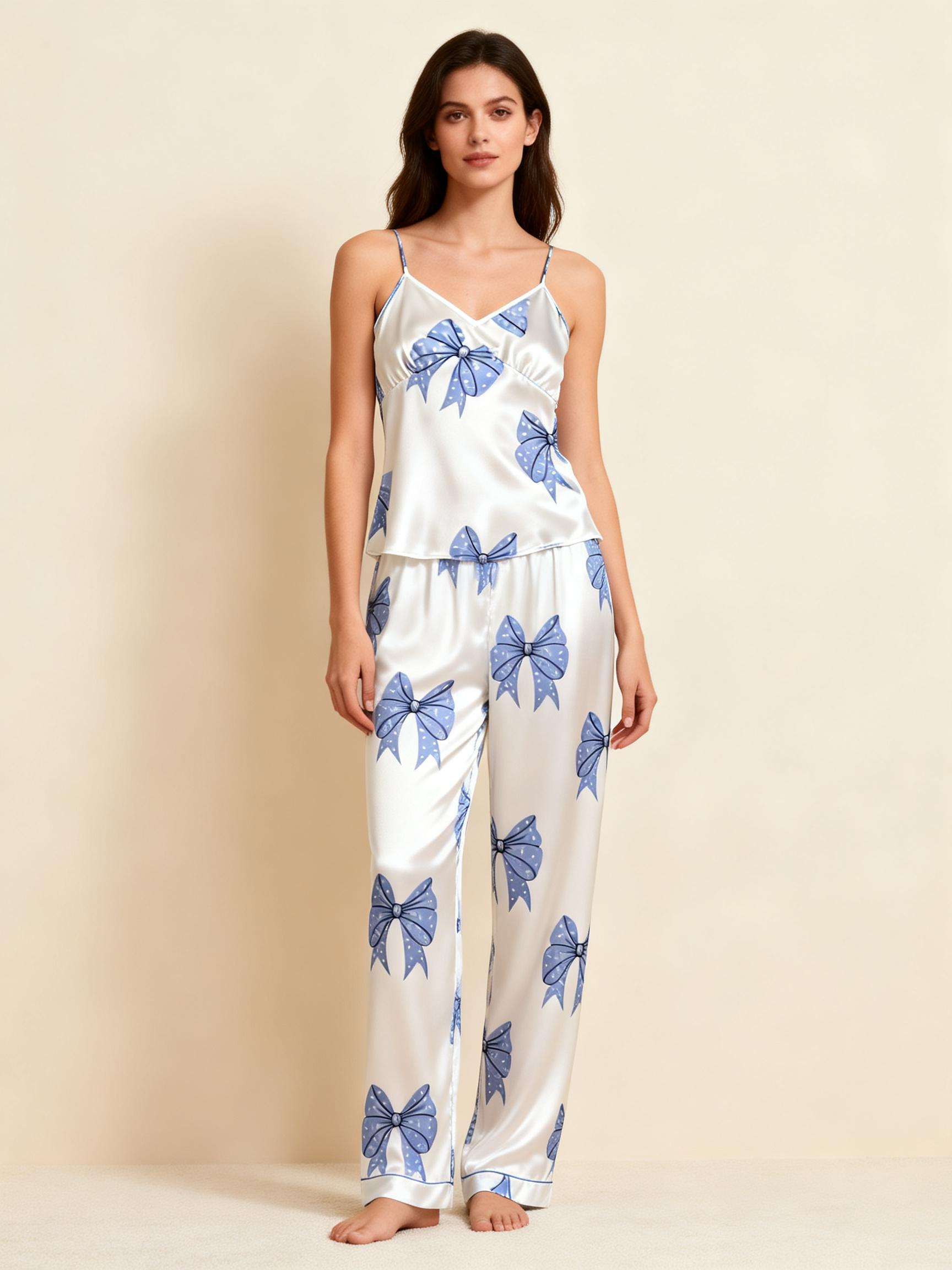 3-Piece Satin Nightwear Set with Lovely Bowknot Pattern