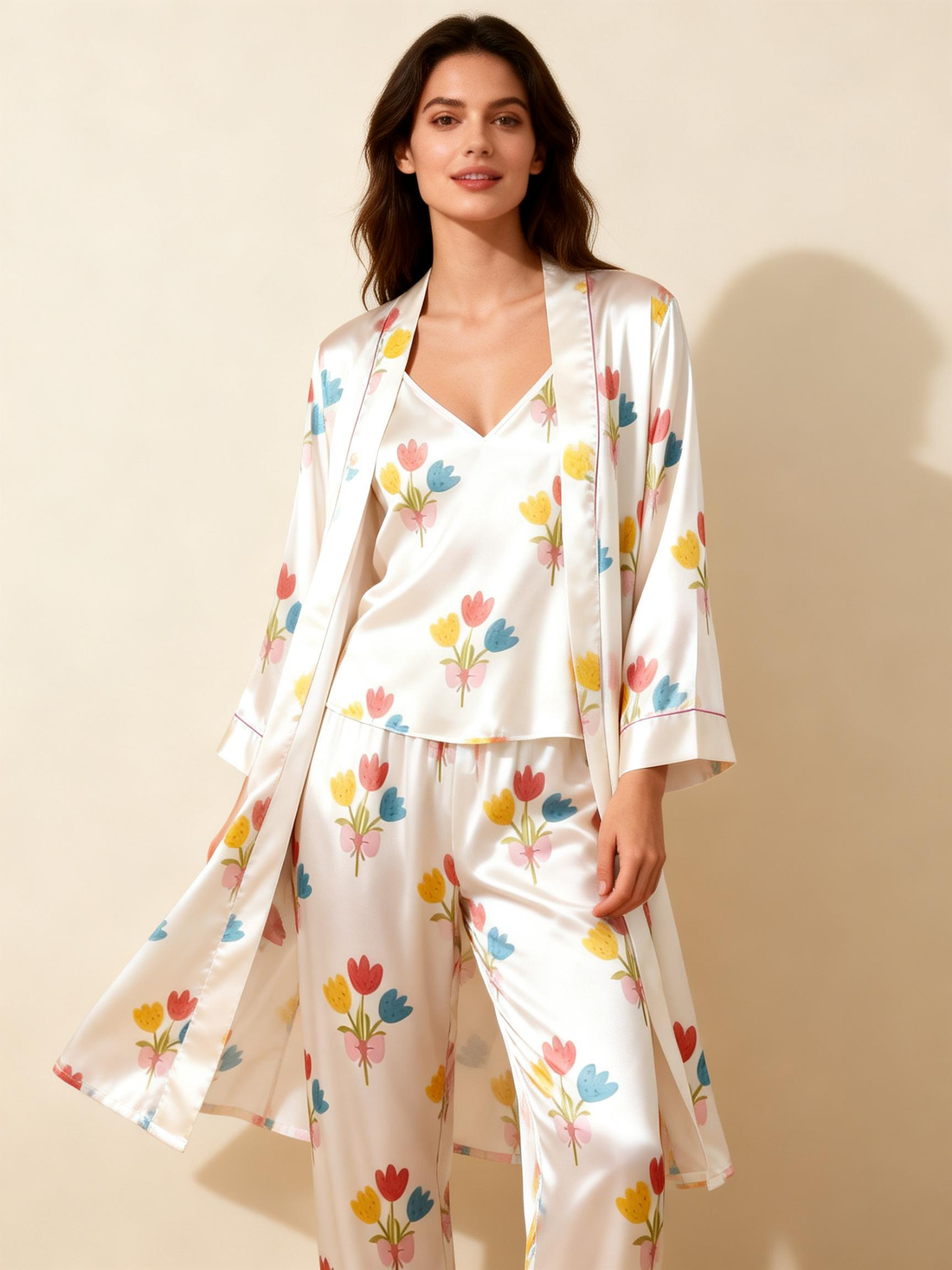 Women's Classic Satin Pajama Set with Colorful Floral Motifs