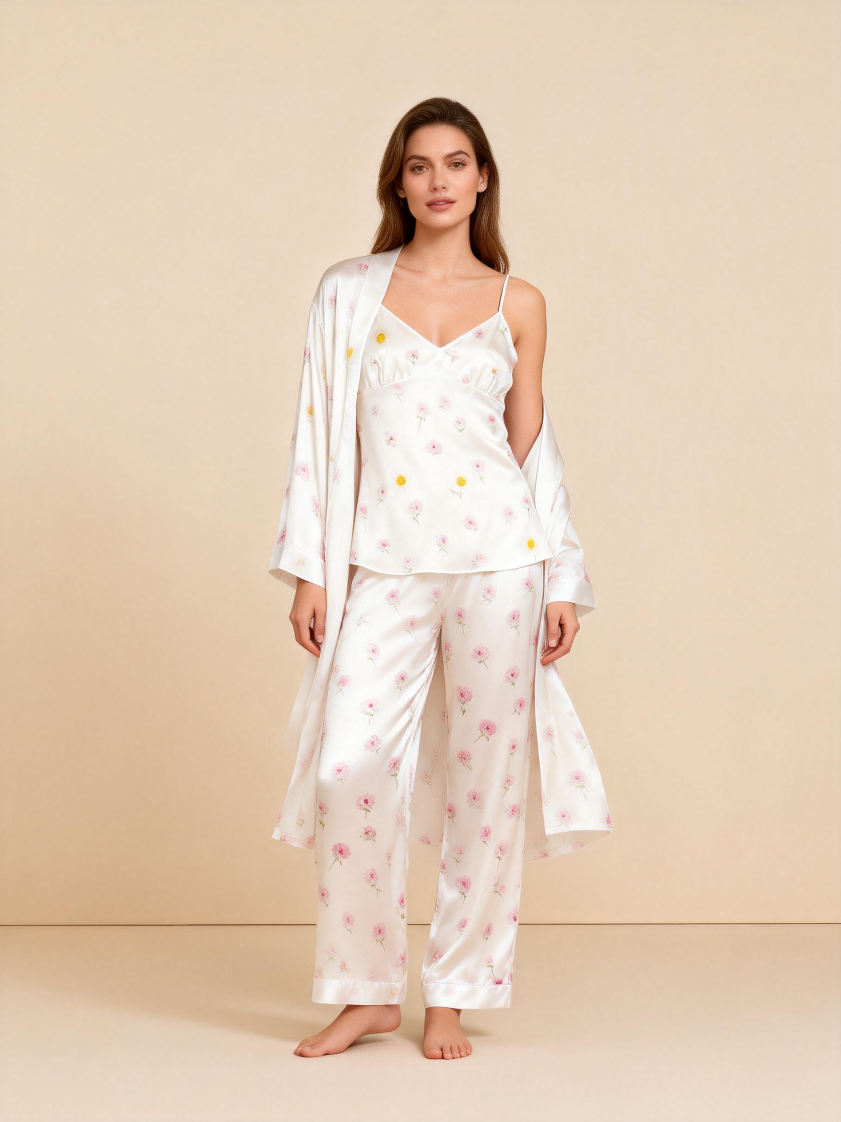3-Piece Satin Nightwear Set with Minimal Pink Floral Pattern