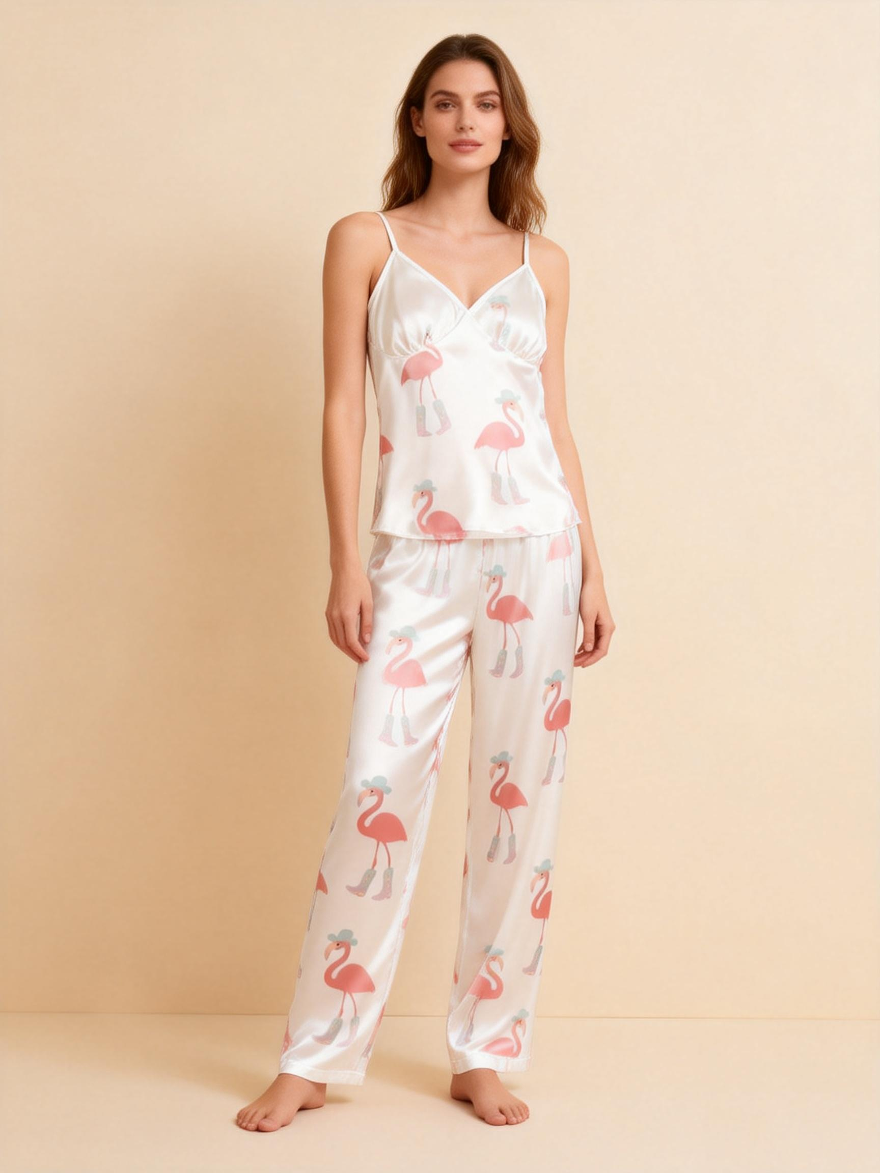 3-Piece Satin Nightwear Set with Pink Flamingo Pattern