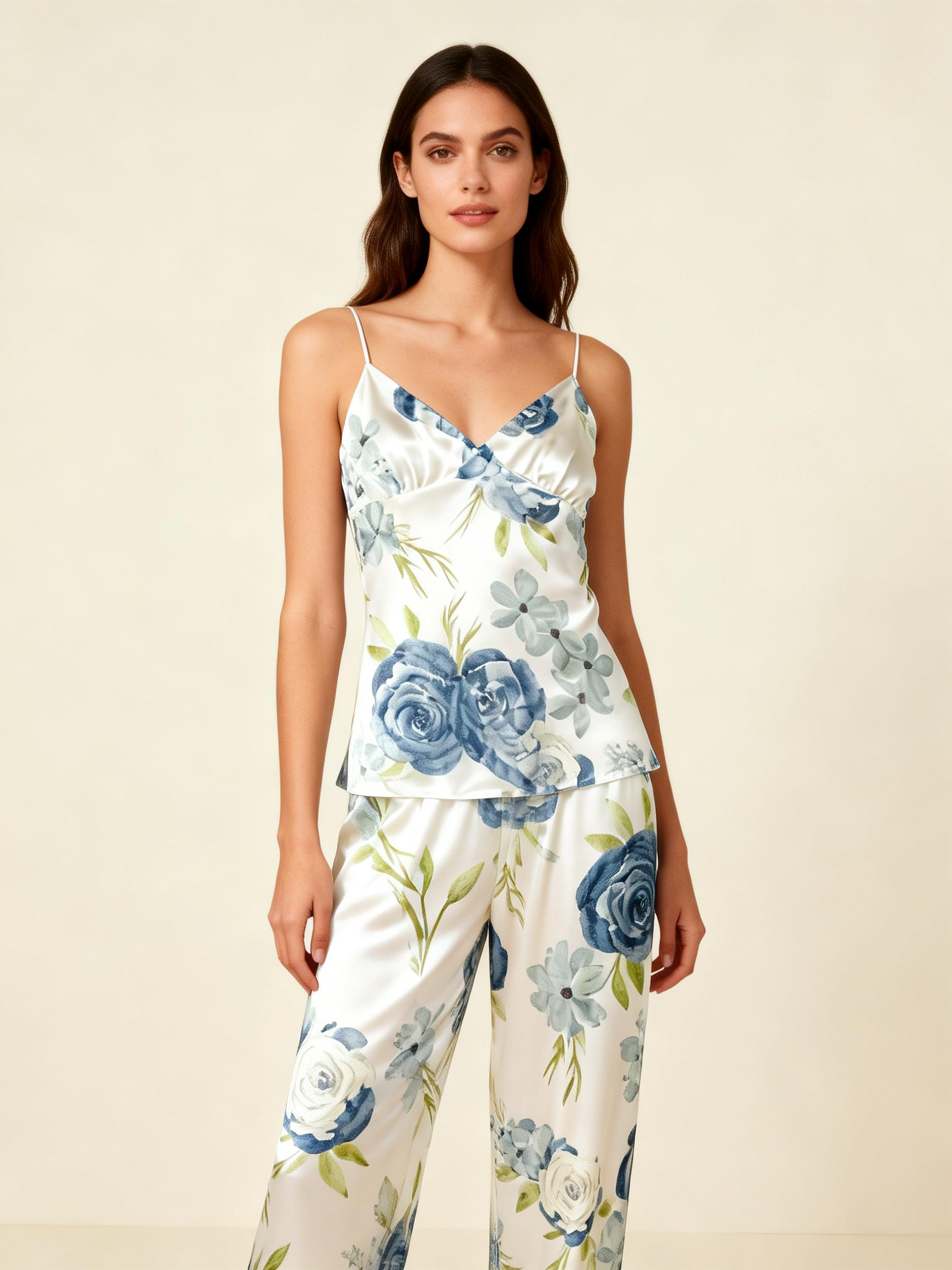Women's Satin 3-Piece Loungewear Set in Watercolor Floral Style