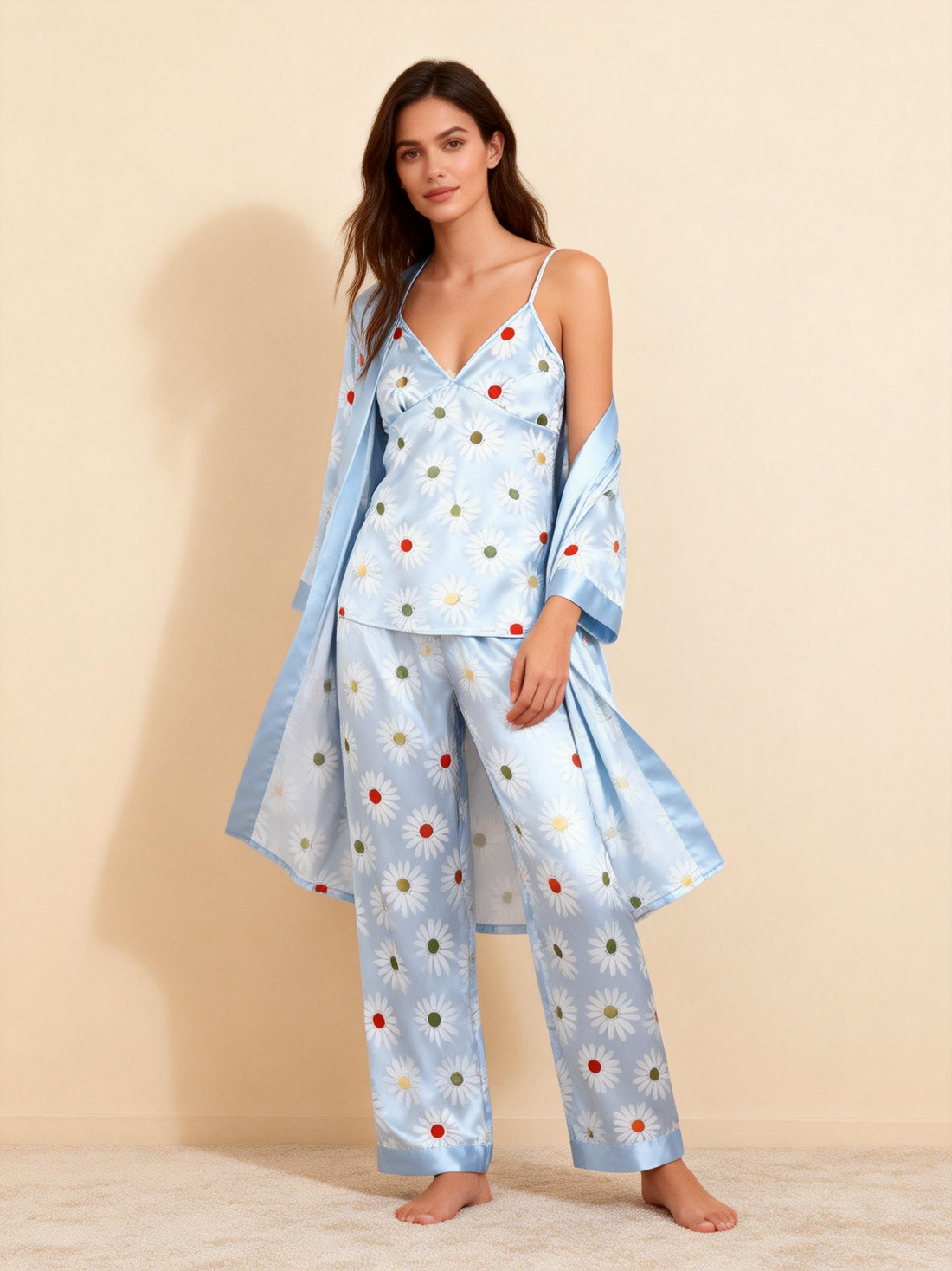 Women's Light Blue Silky Satin Homewear Set with Daisy Floral Motifs