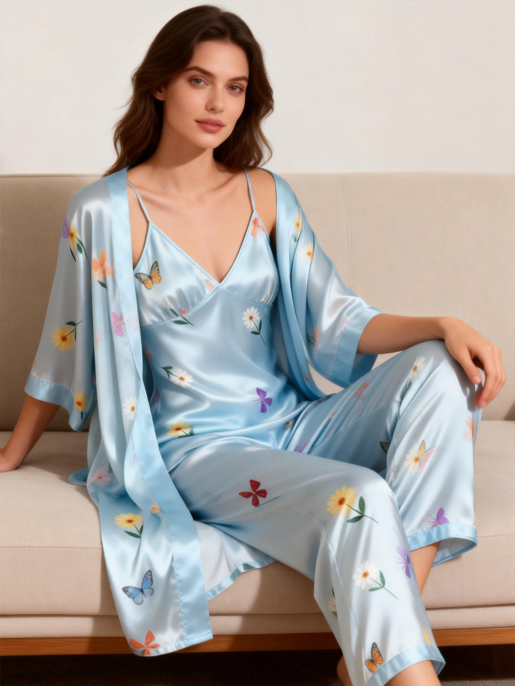 Silky Satin 3-Piece Pale Blue Nightwear Set with Daisy Florals Design