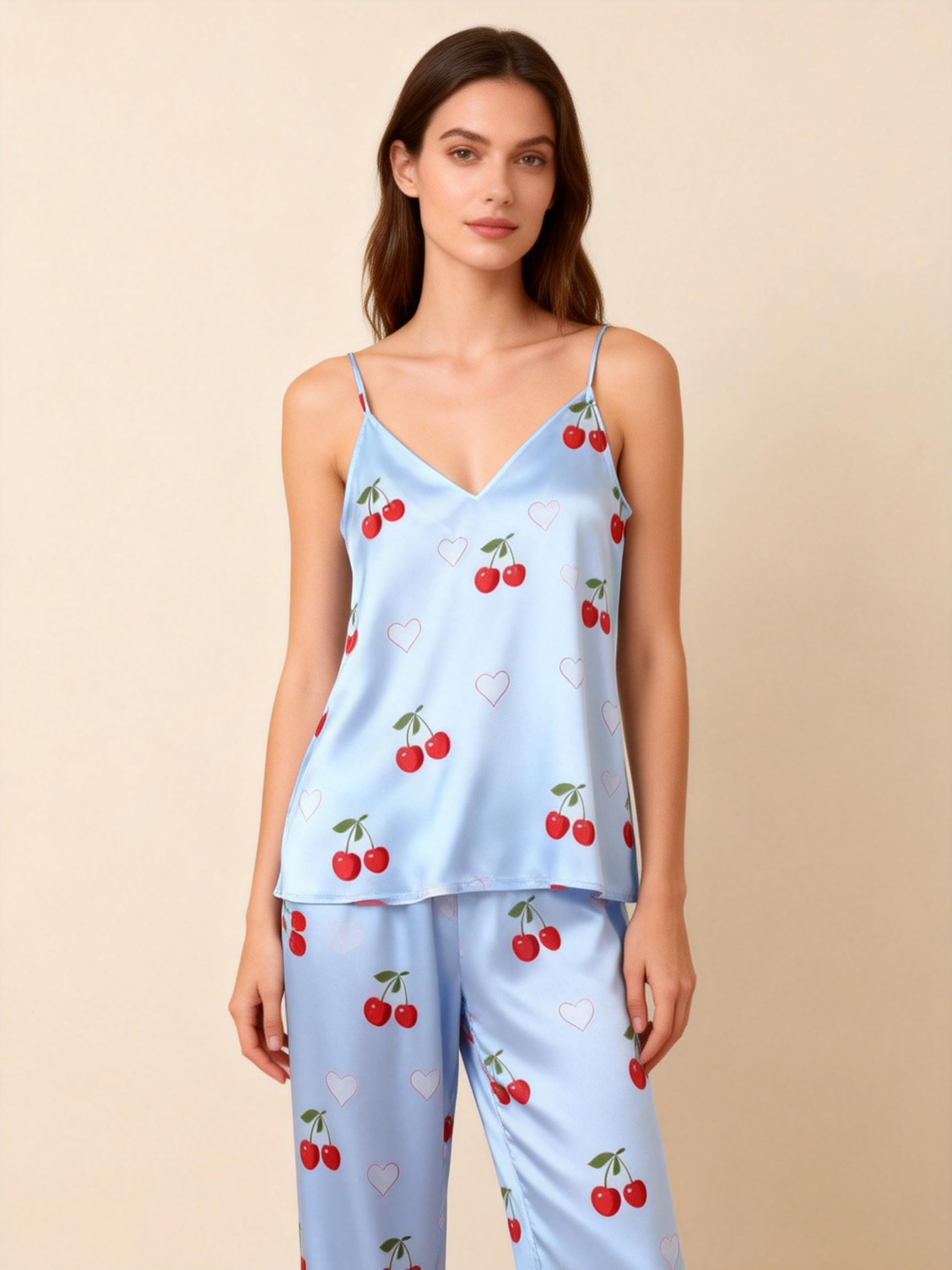 Women's Classic Blue Satin Pajama Set with Cherry Motifs