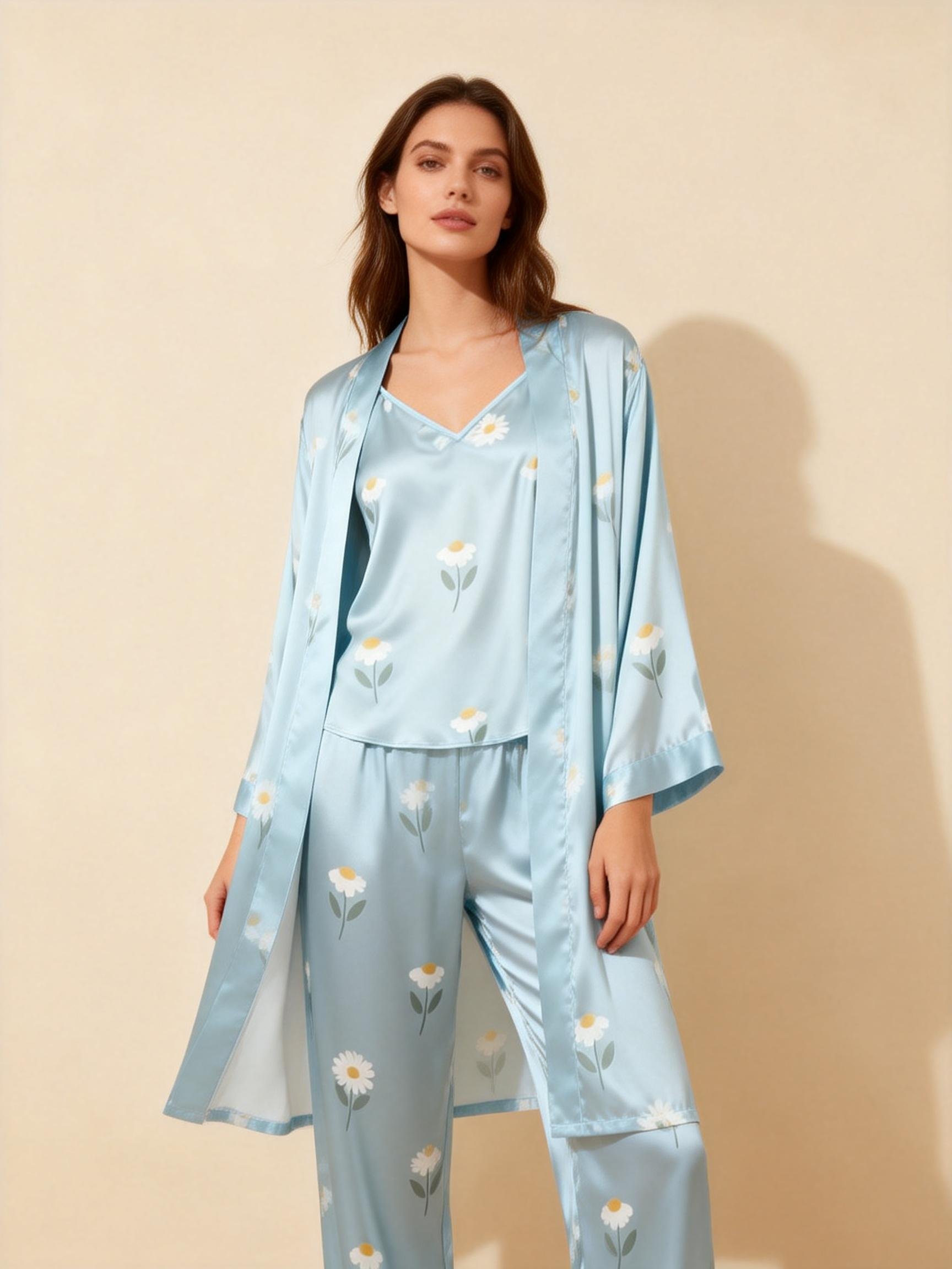 Feminine Satin Pajama Trio with Elegant Floral Details