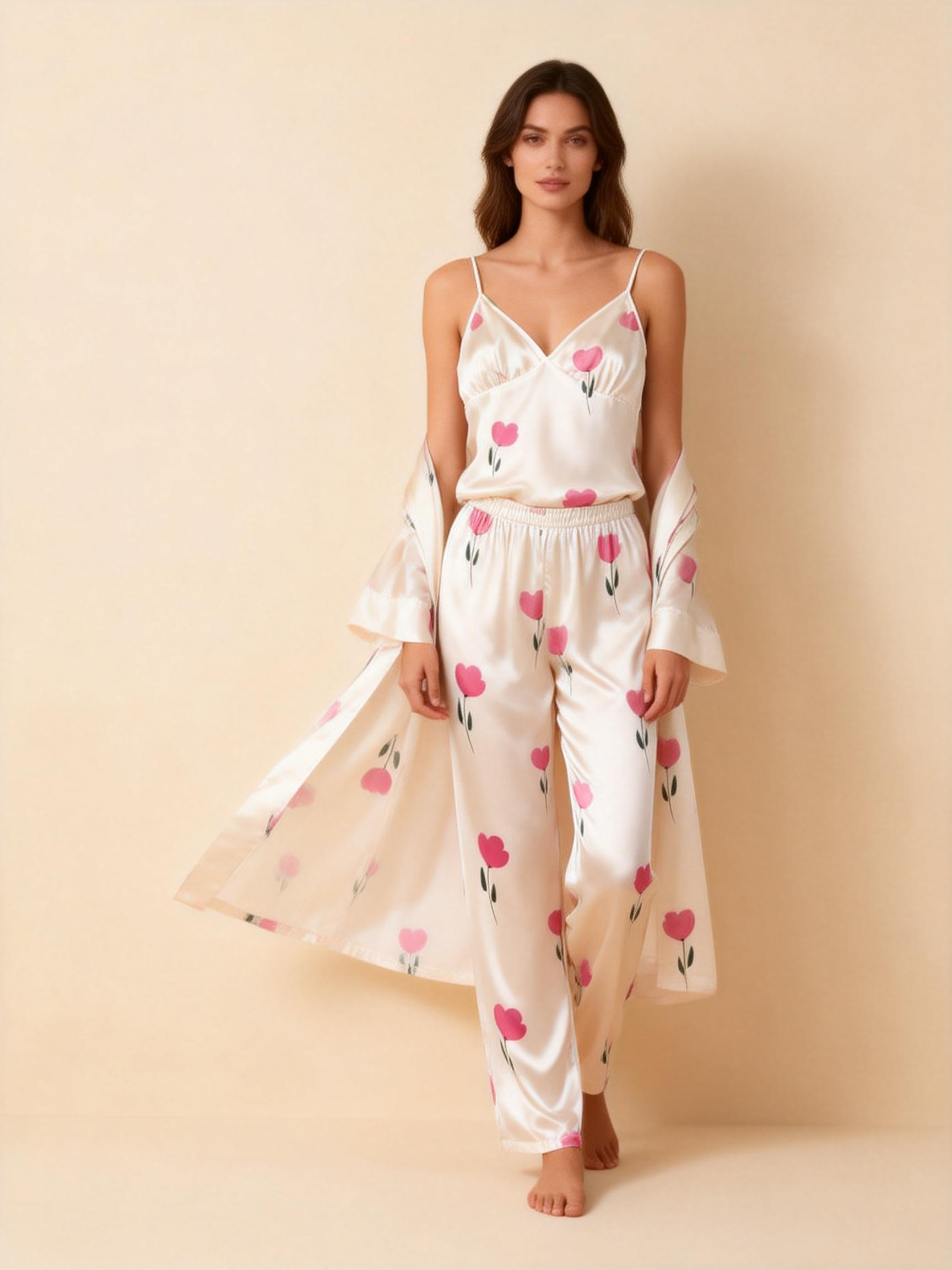 Premium Satin Nightwear Trio With Soft Florals