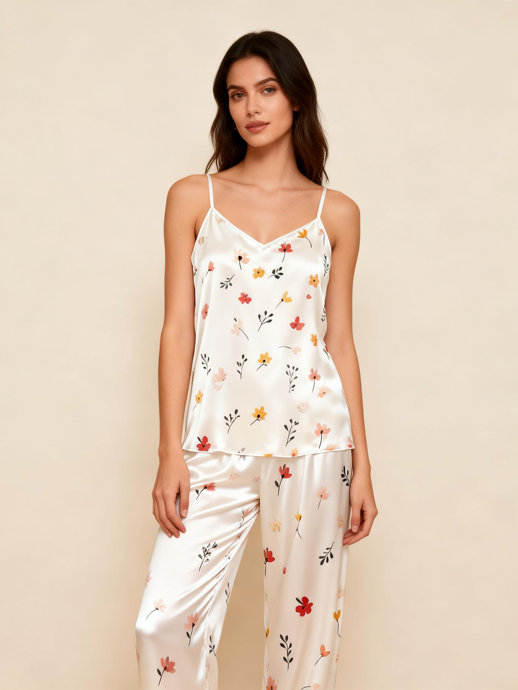 Women's Satin 3-Piece Loungewear Set in Mini Blossoms Style