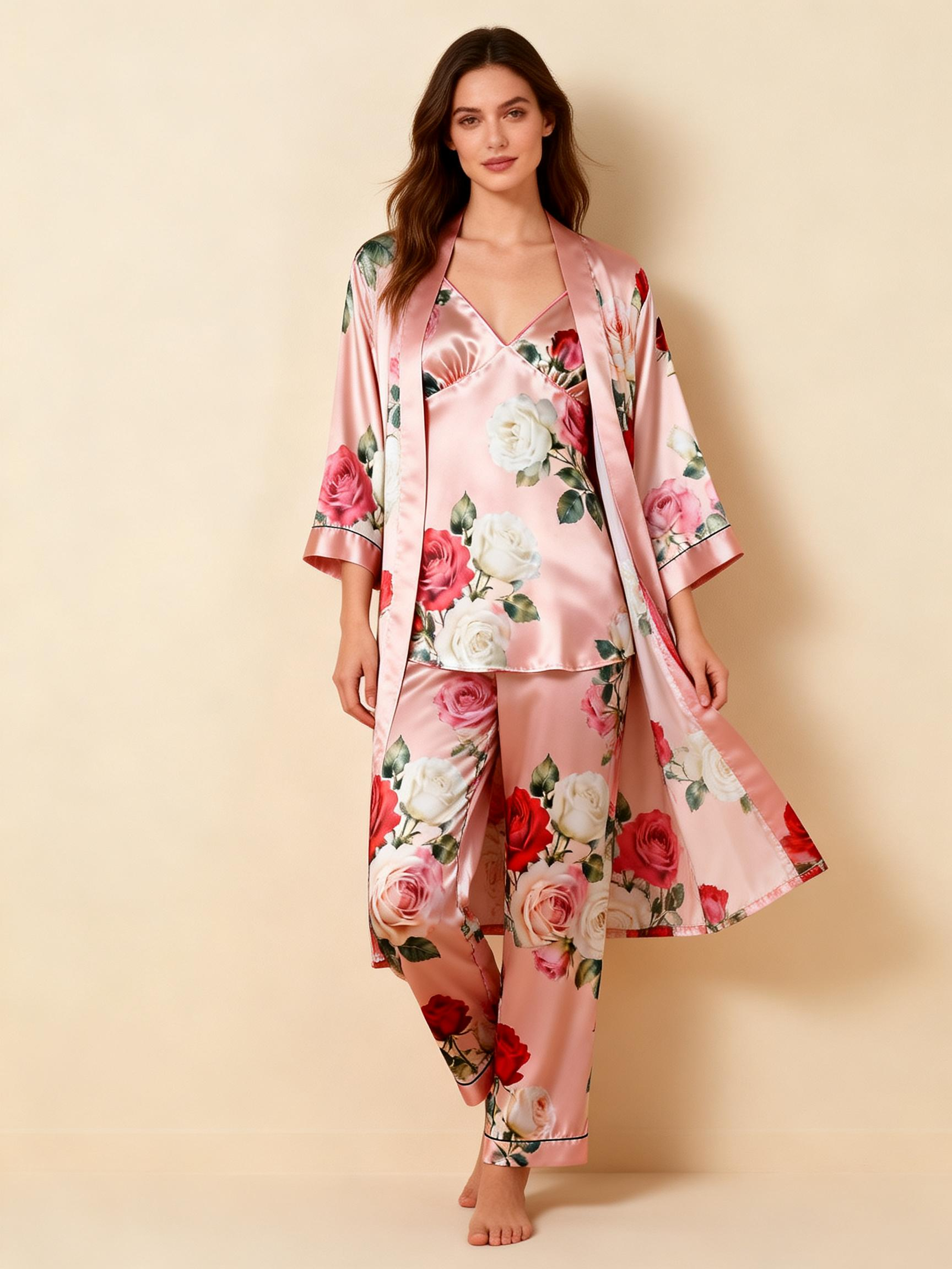 Women's Classic Satin Pajama Set with Retro Glamour Floral Motifs