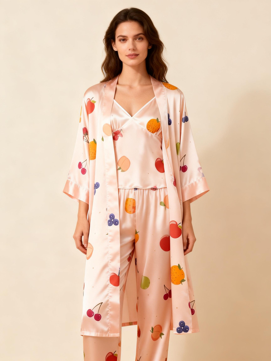 Feminine Satin Pajama Trio with Tropical Fruit  Design