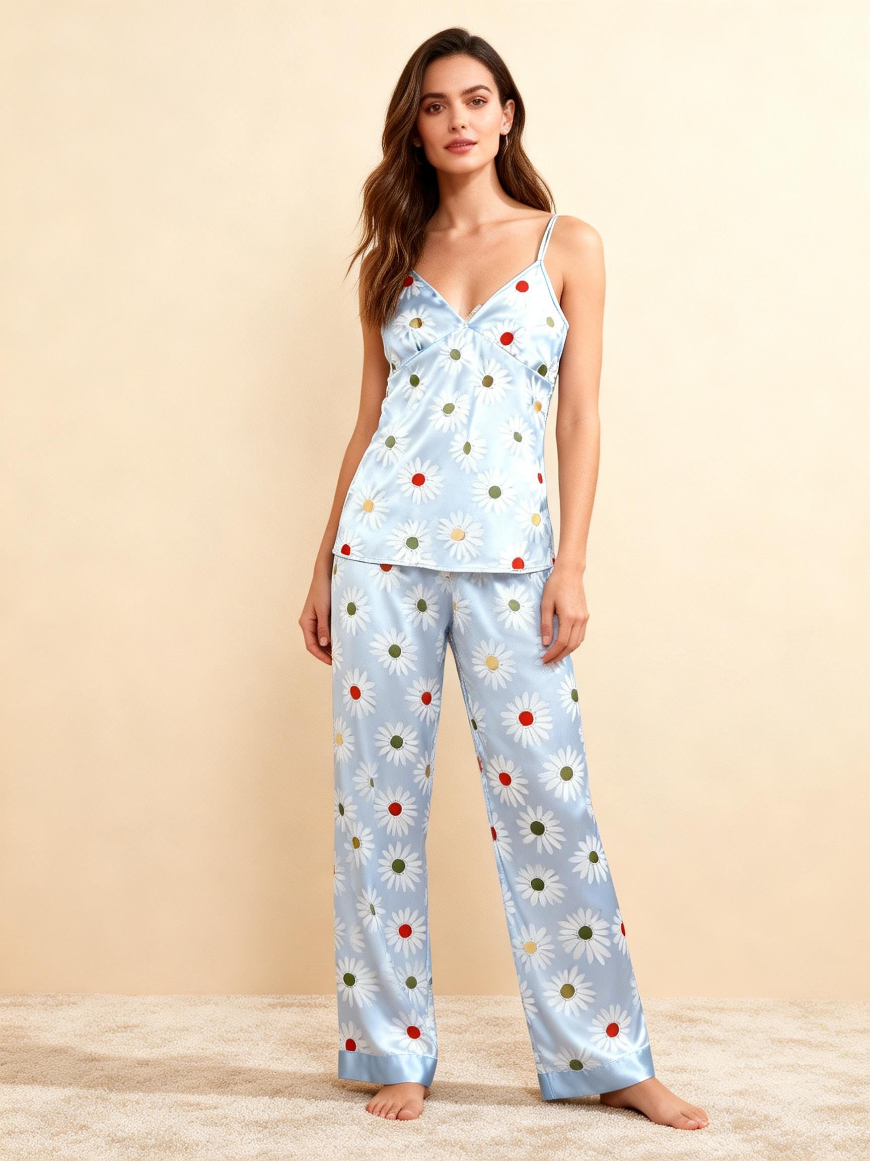 Women's Light Blue Silky Satin Homewear Set with Daisy Floral Motifs