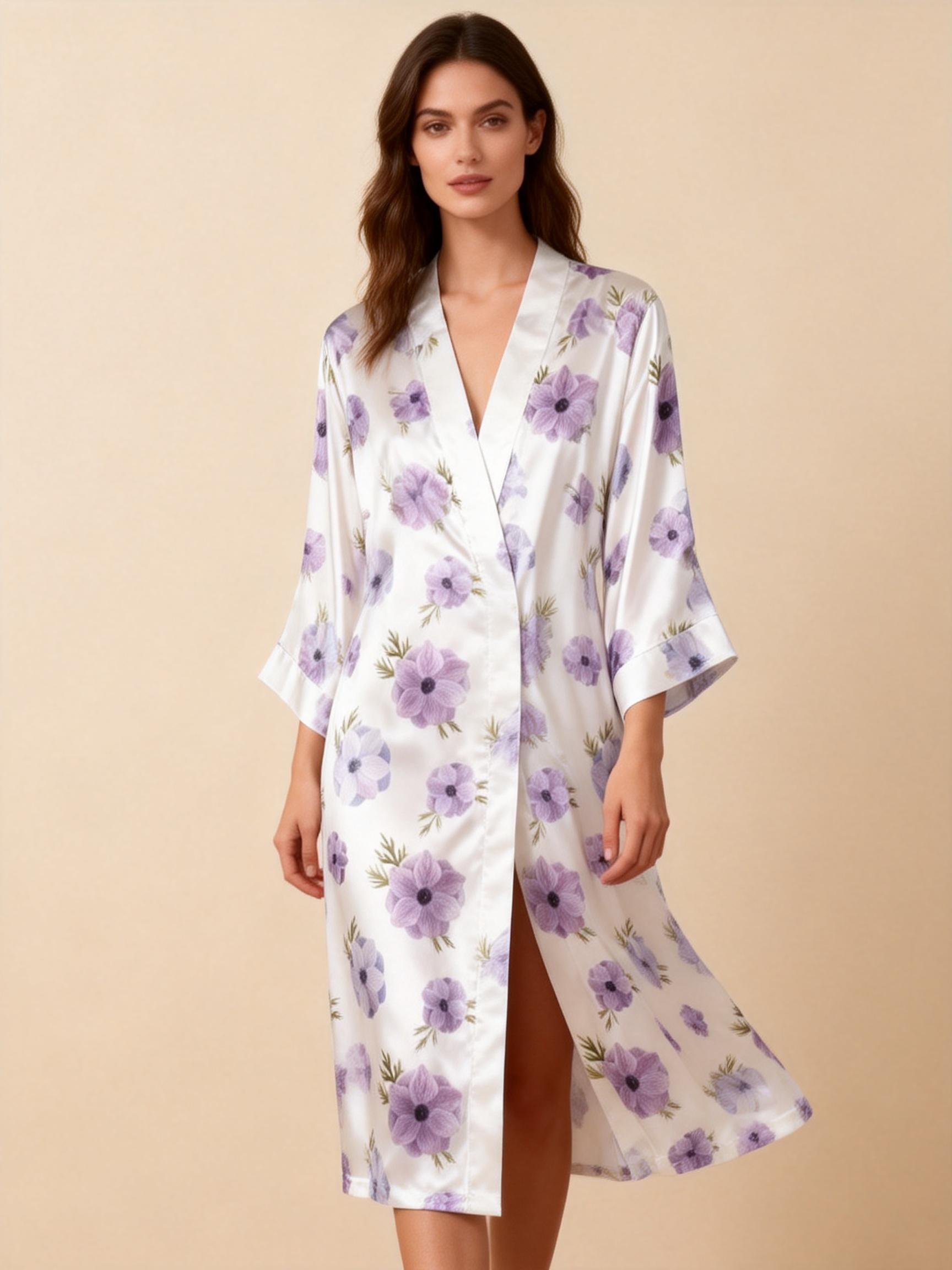 Satin 3-Piece Sleepwear Set with Purple Floral Design