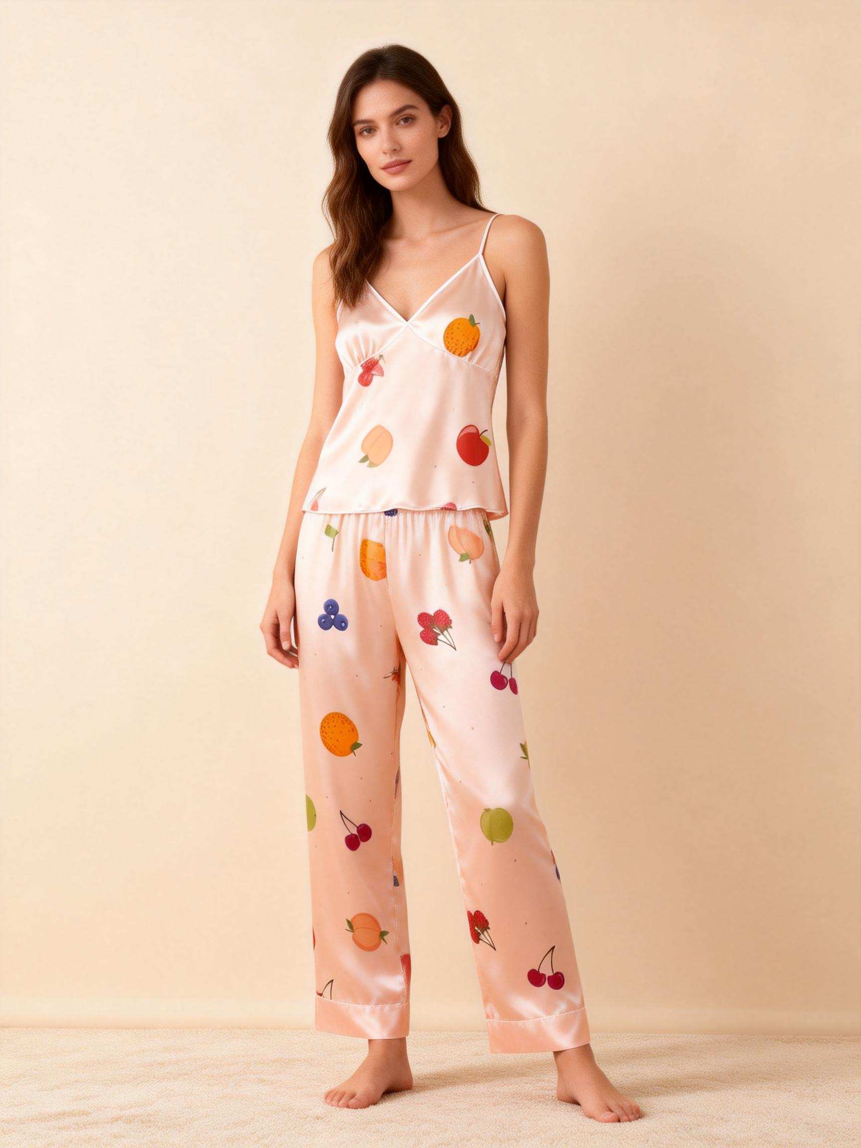 Feminine Satin Pajama Trio with Tropical Fruit  Design