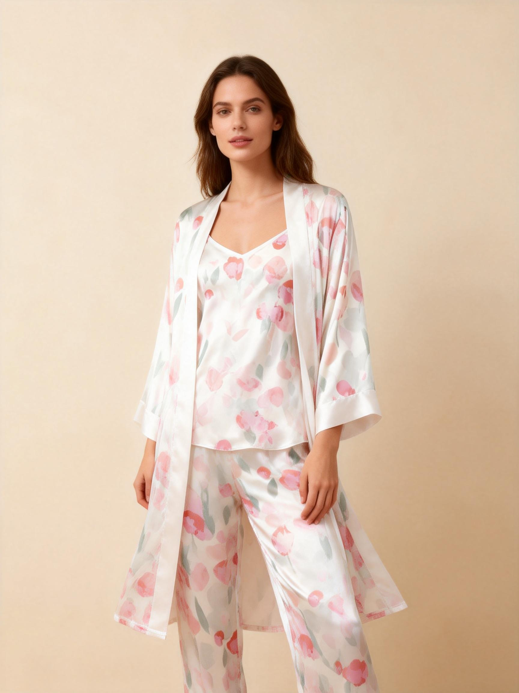 3-Piece Satin Nightwear Set with Watercolor Pink Floral Pattern