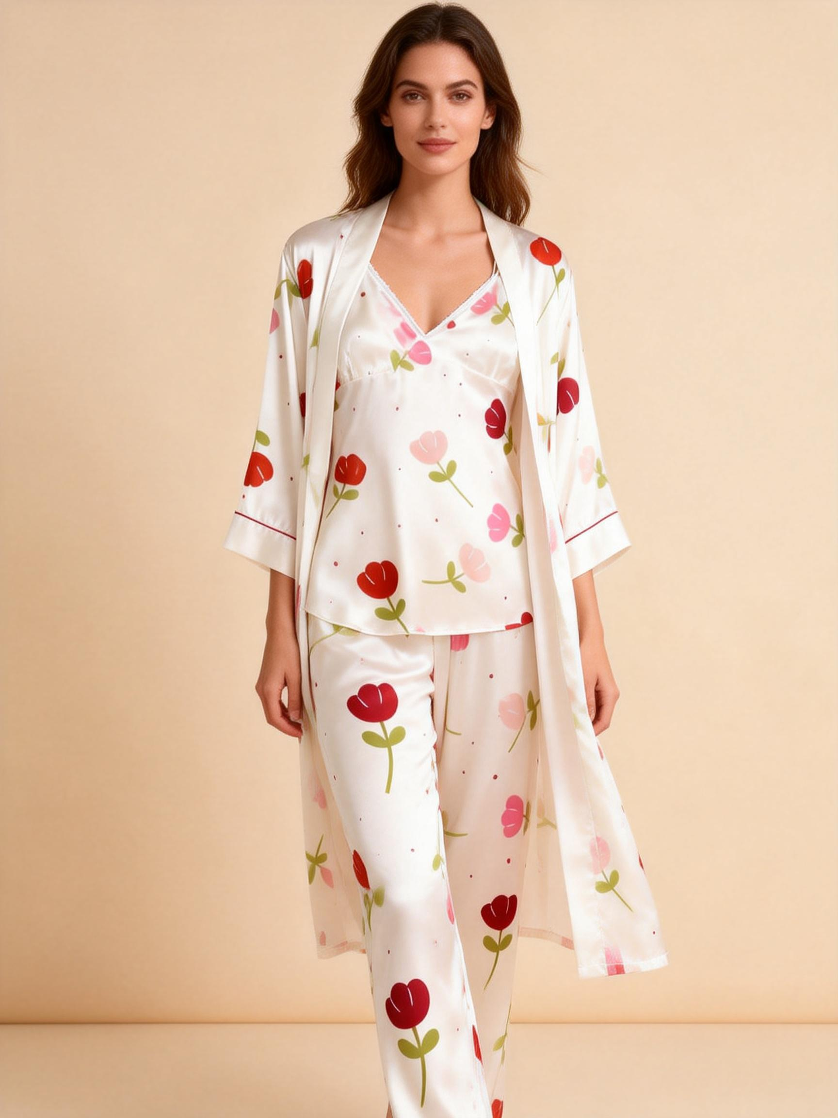 Feminine Satin Pajama Trio with Soft Floral Details