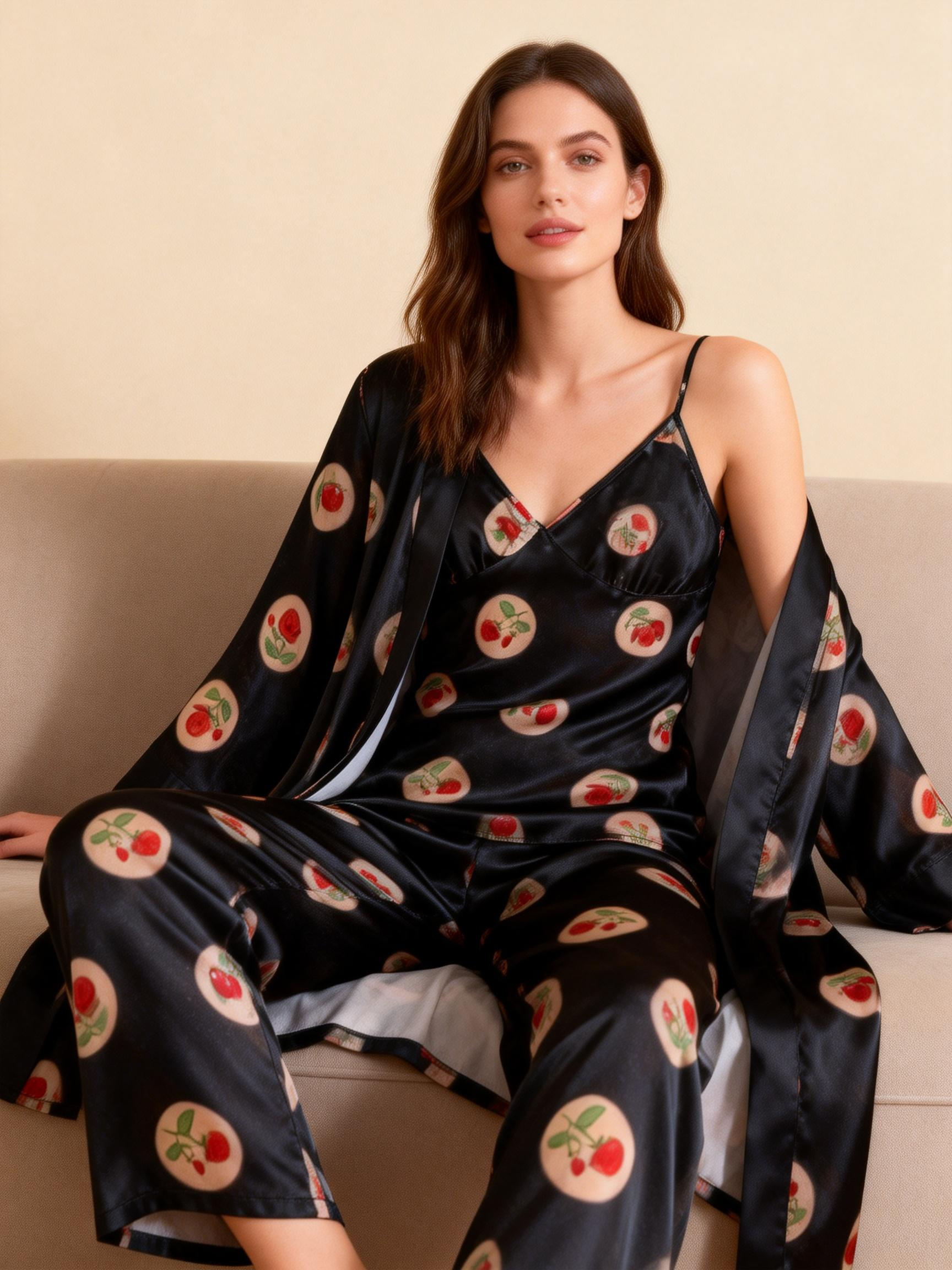 Women's Black Silky Satin Homewear Set with Romantic Rose Illustration