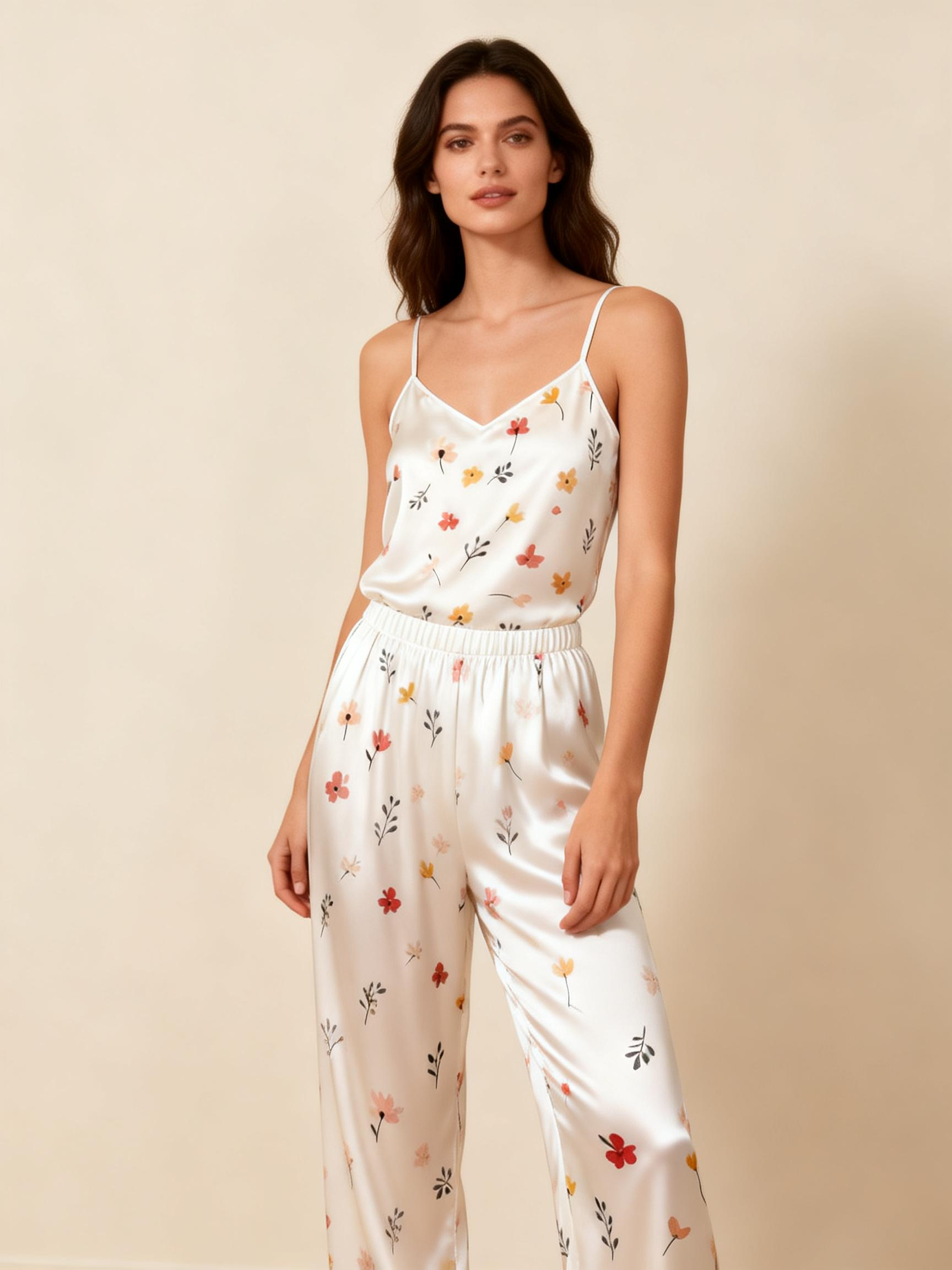 Women's Satin 3-Piece Loungewear Set in Mini Blossoms Style