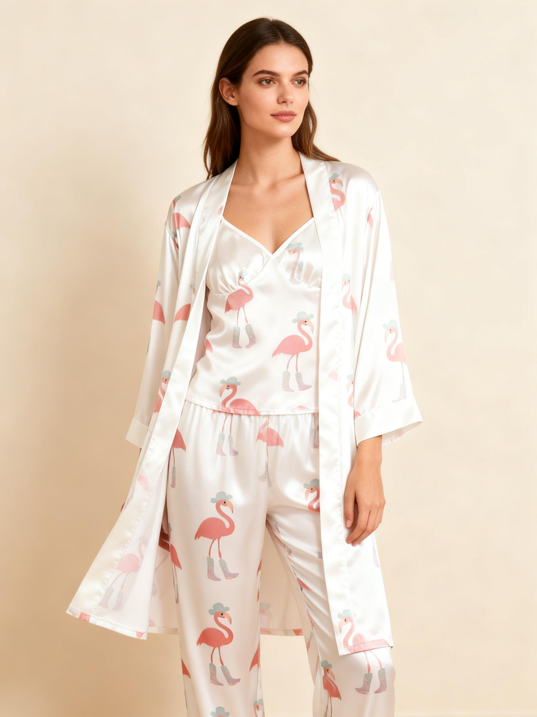 3-Piece Satin Nightwear Set with Pink Flamingo Pattern
