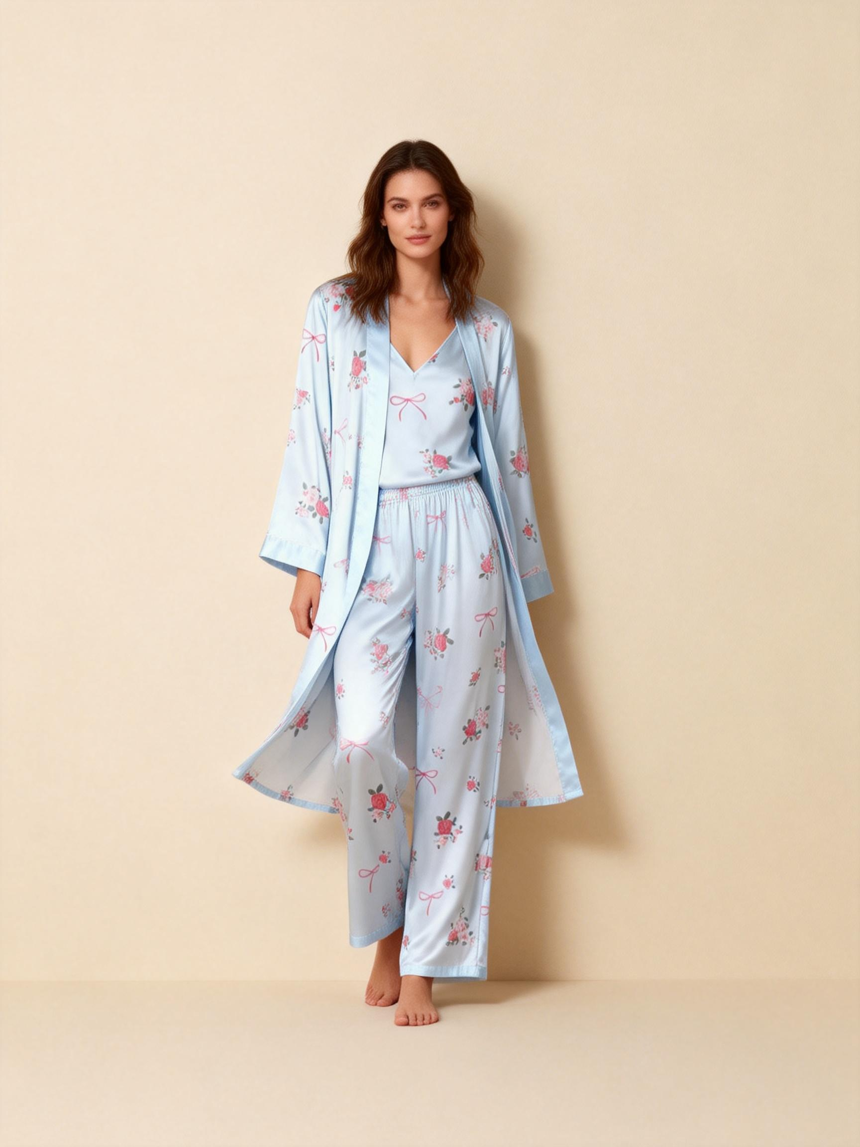 Sweet Bowknot & Florals Design Feminine Satin Pajama Trio
