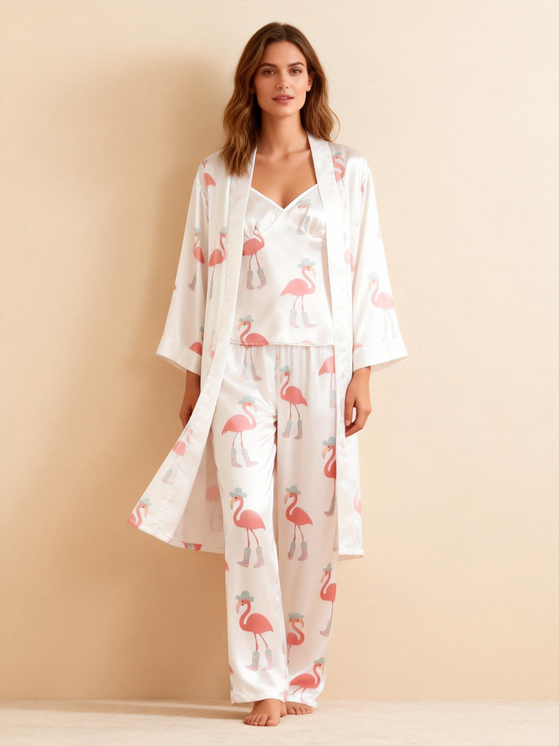 3-Piece Satin Nightwear Set with Pink Flamingo Pattern