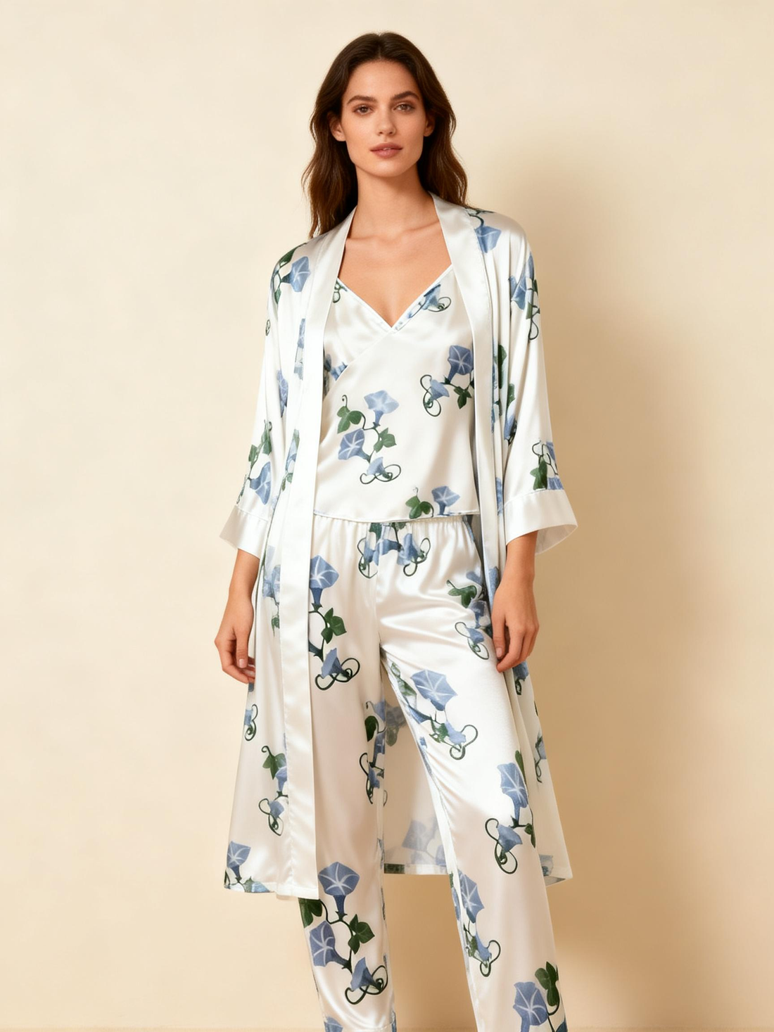 Women's Silky Satin Homewear Set with Blue Morning Glory Blooms