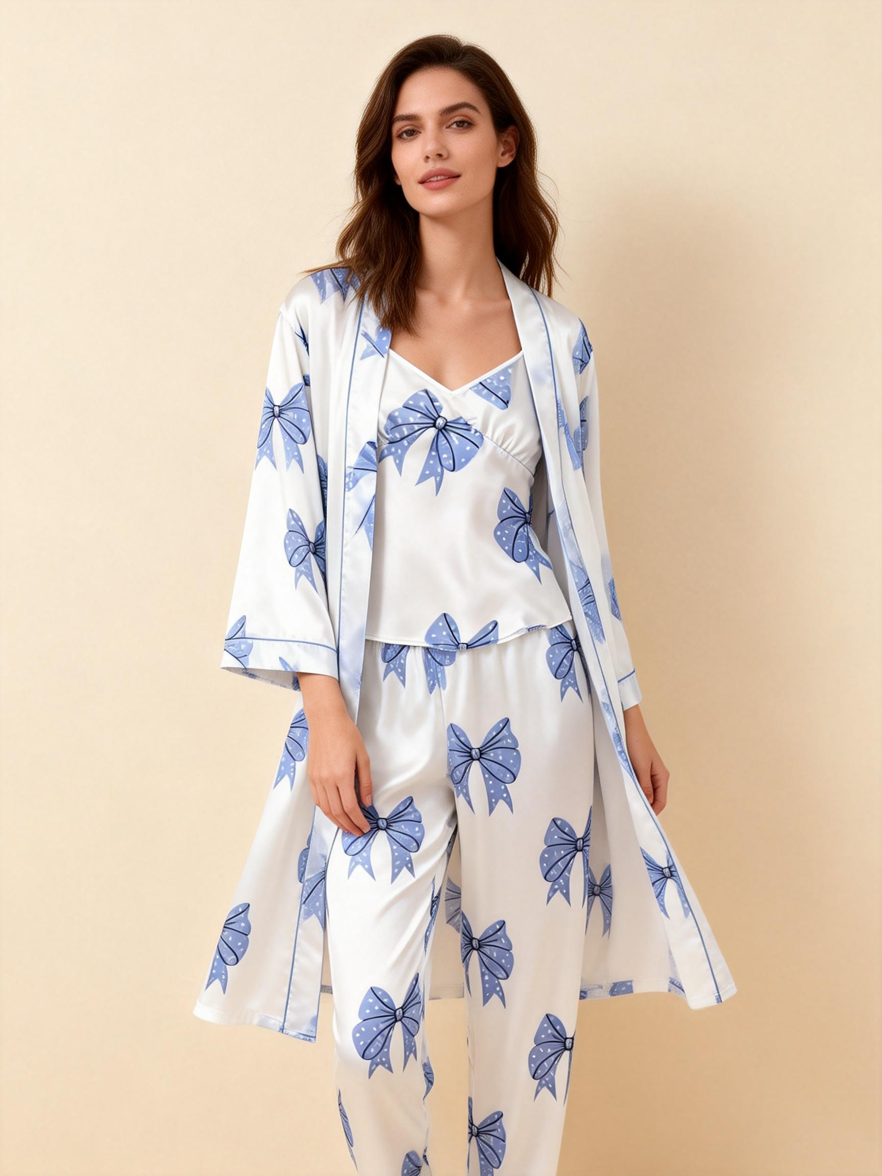 3-Piece Satin Nightwear Set with Lovely Bowknot Pattern
