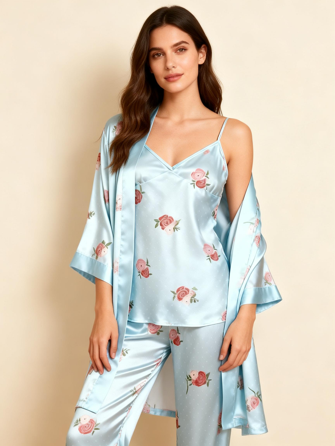 Women's Light Blue Silky Satin Homewear Set with Rose Illustration