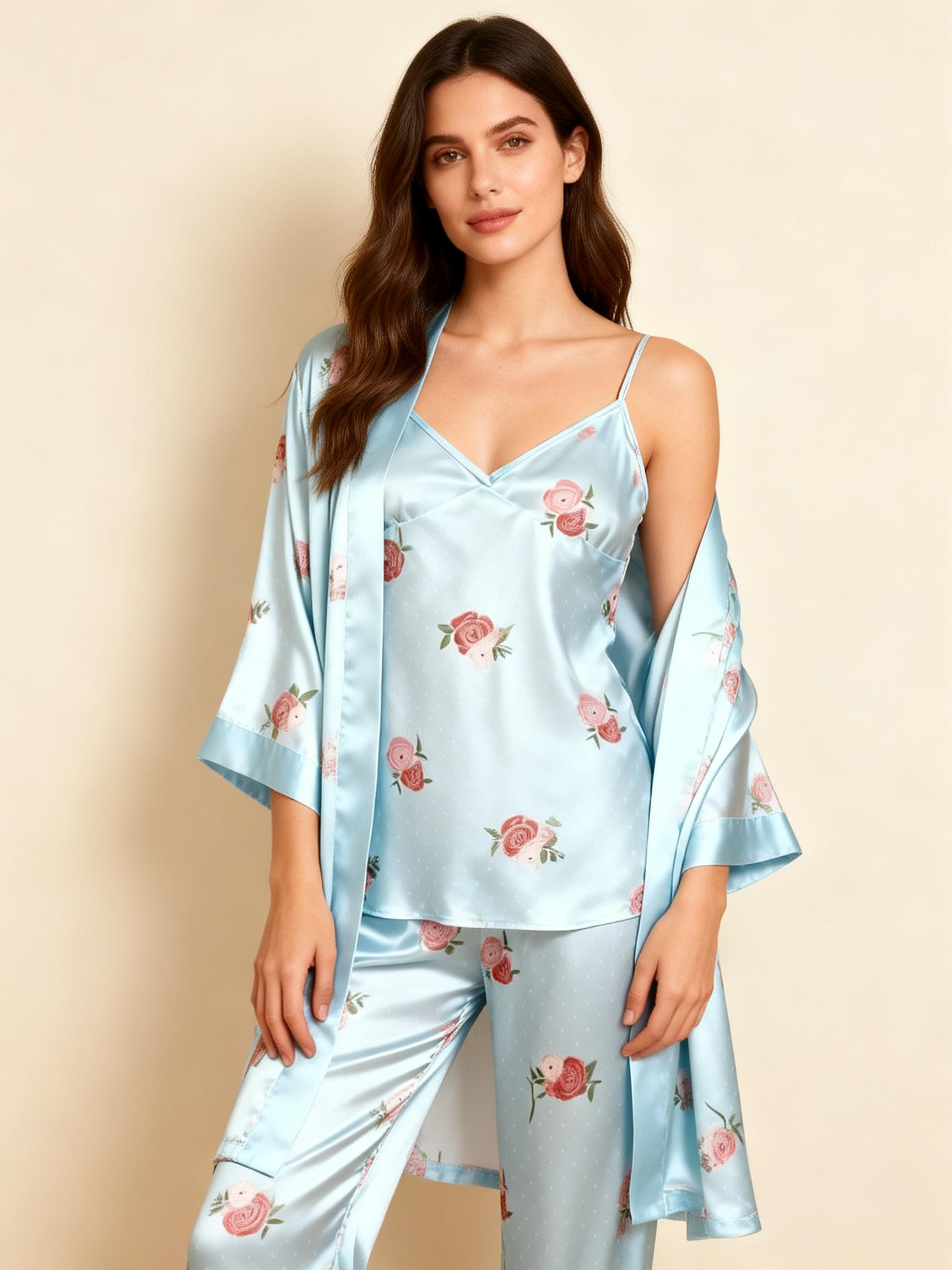 Women's Light Blue Silky Satin Homewear Set with Rose Illustration