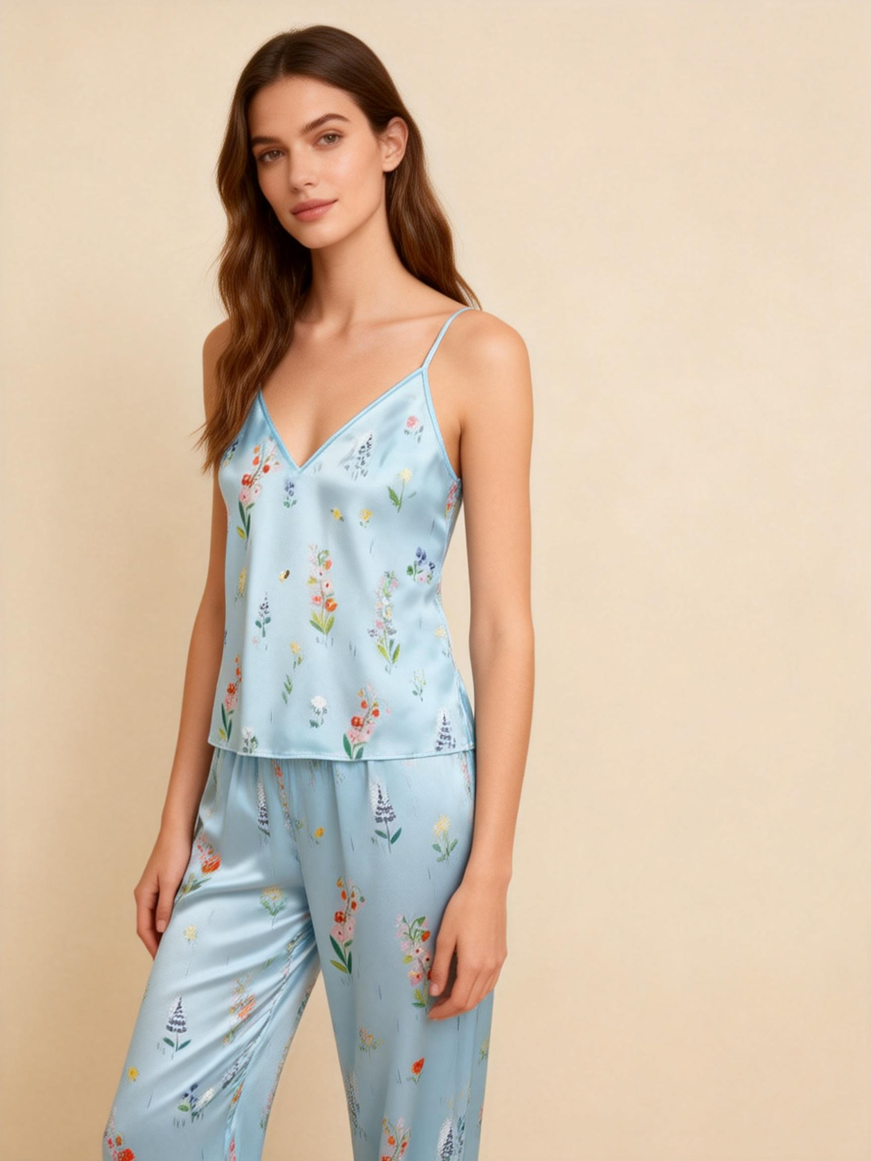 Women's Silky Satin Homewear Set with Natural Floral Illustration