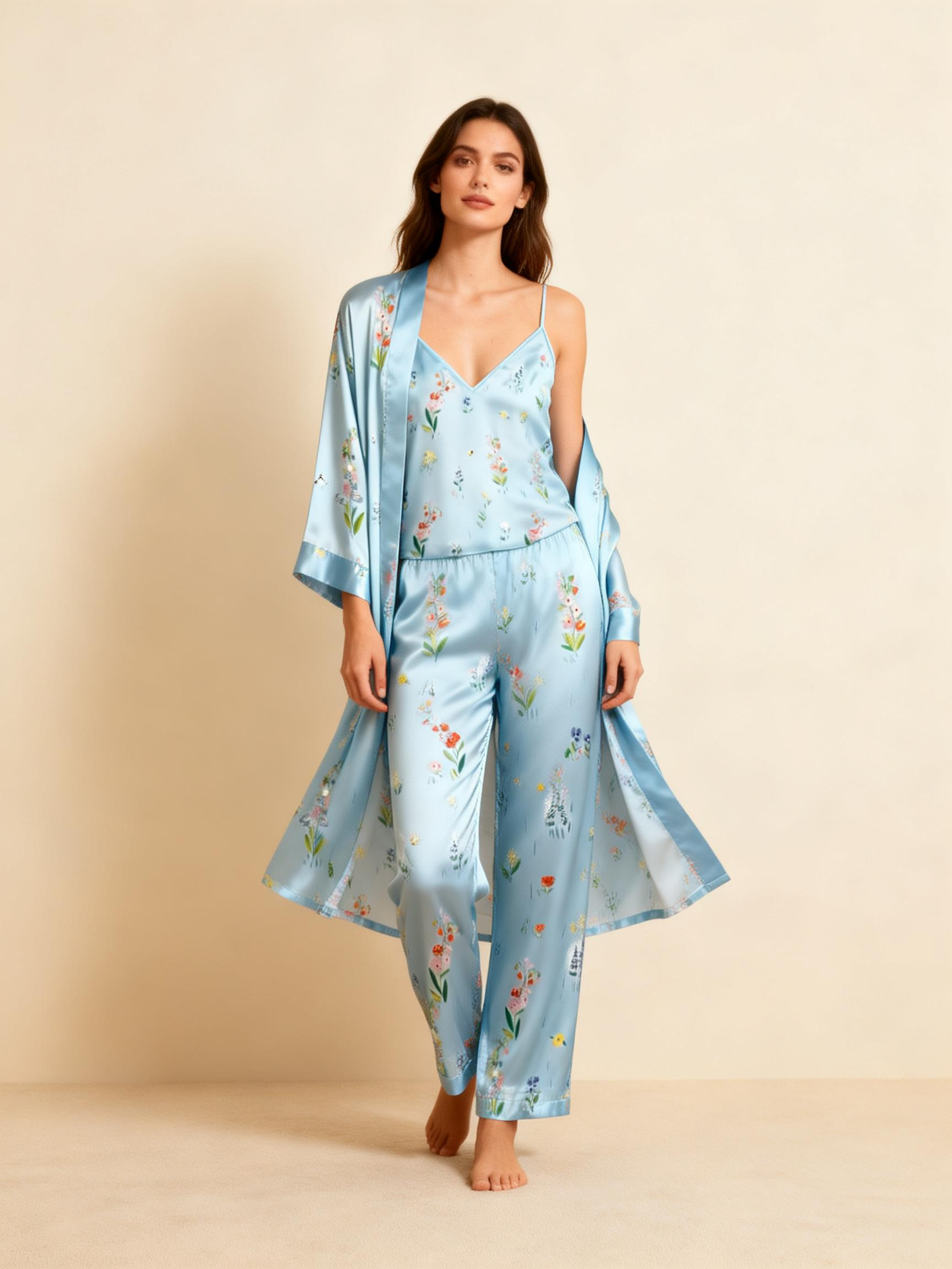 Women's Silky Satin Homewear Set with Natural Floral Illustration