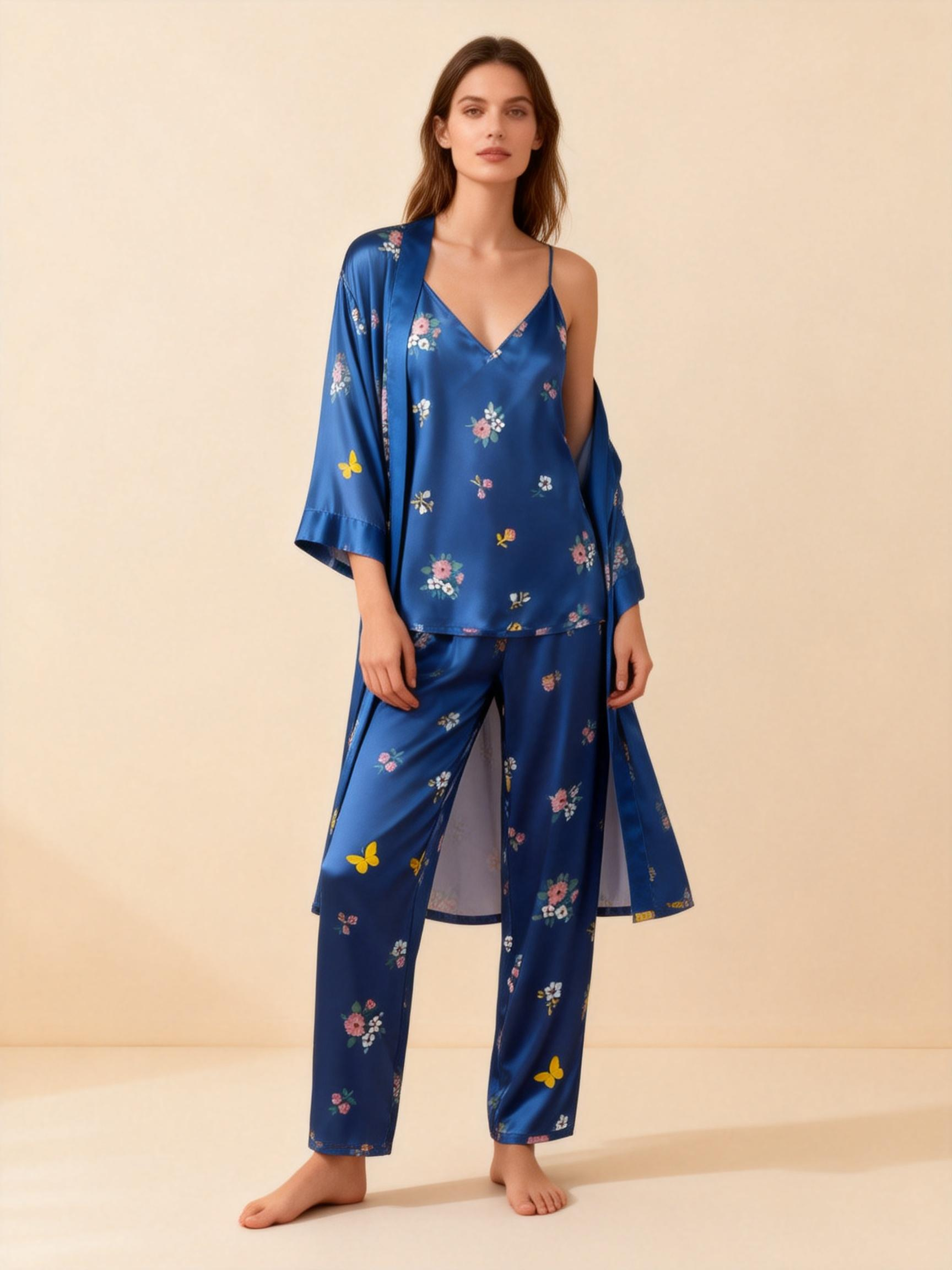 Women's Navy Silky Satin Homewear Set with Soft Pastel Blossoms Motifs