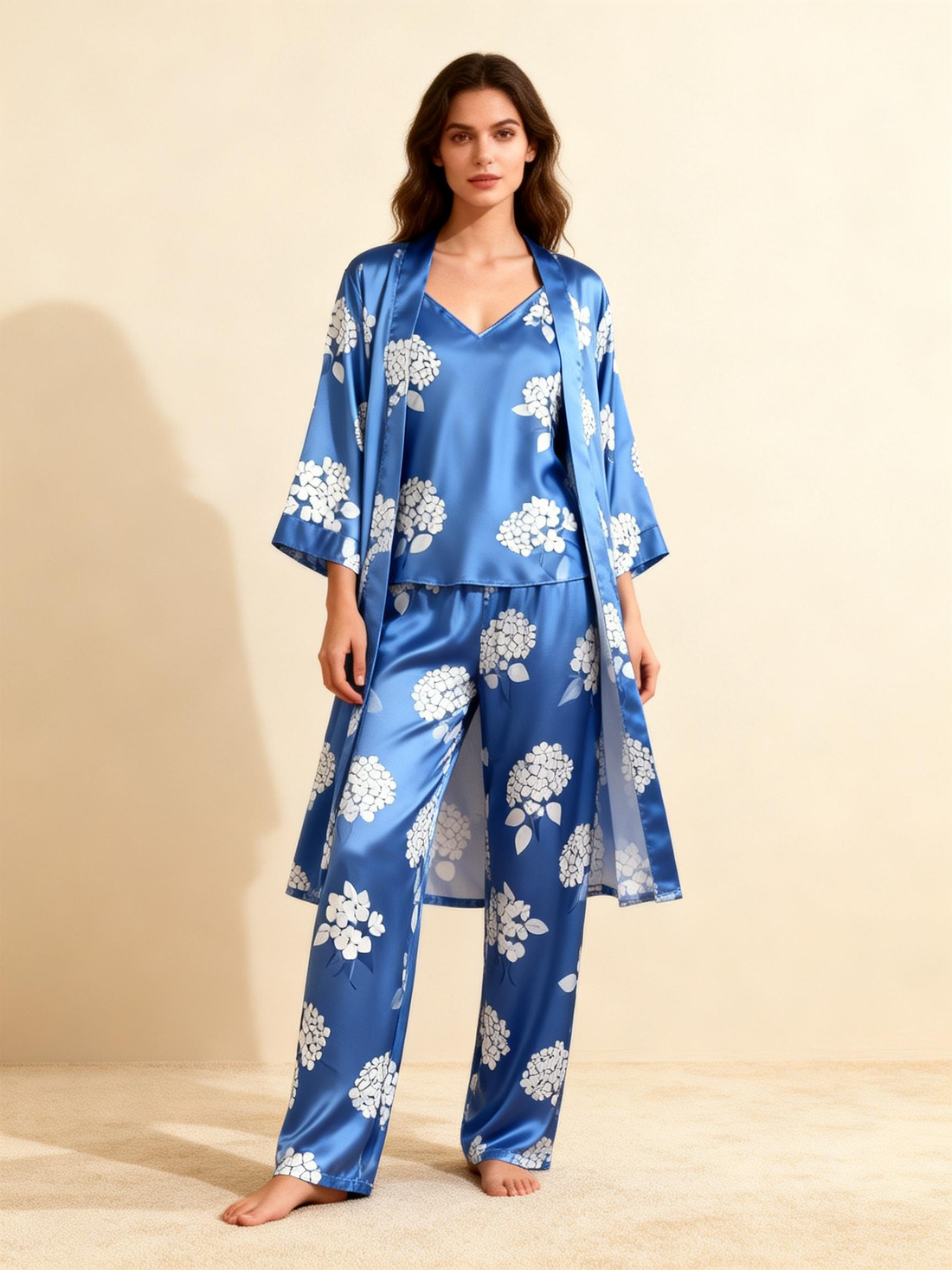 Women's Blue Silky Satin Homewear Set with White Floral Motifs