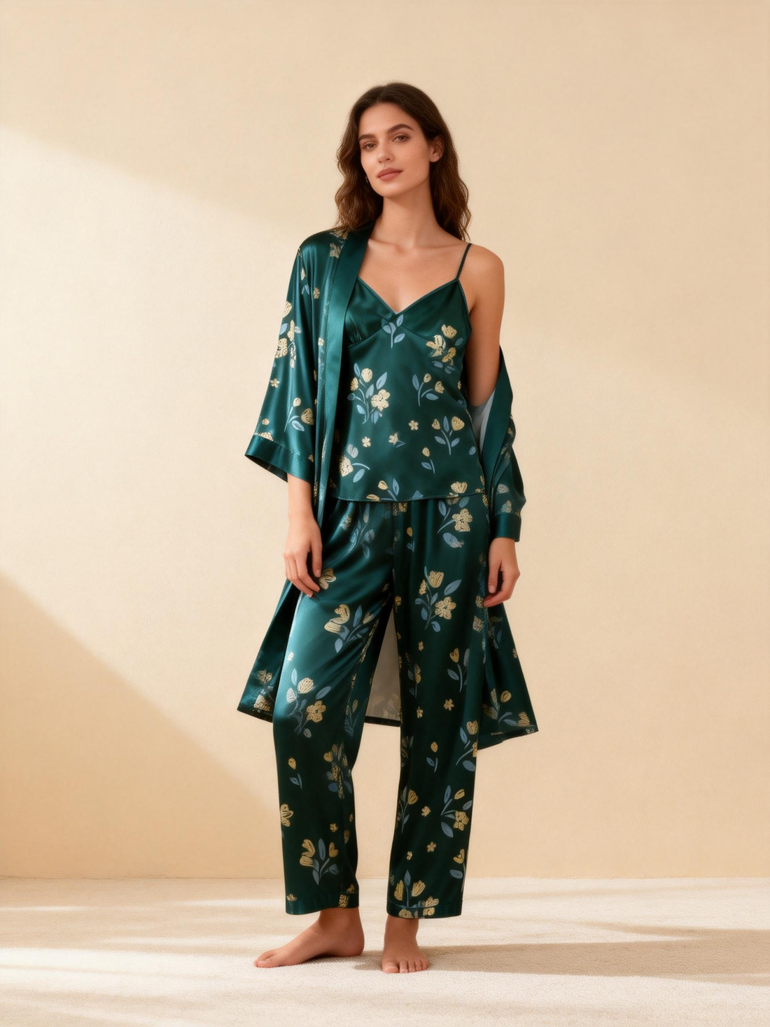 Satin 3-Piece Sleepwear Set with Elegant Green Design