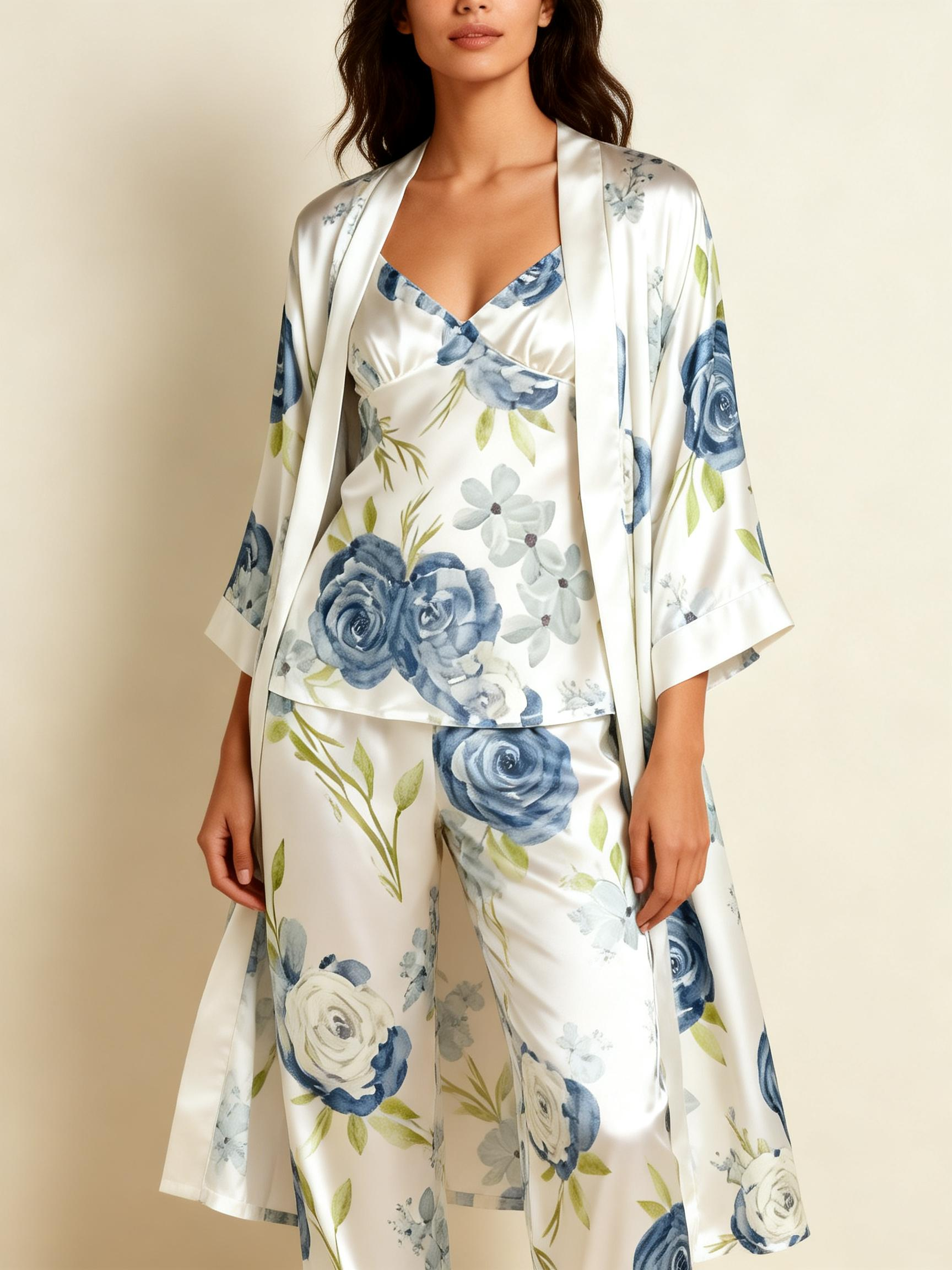 Women's Satin 3-Piece Loungewear Set in Watercolor Floral Style