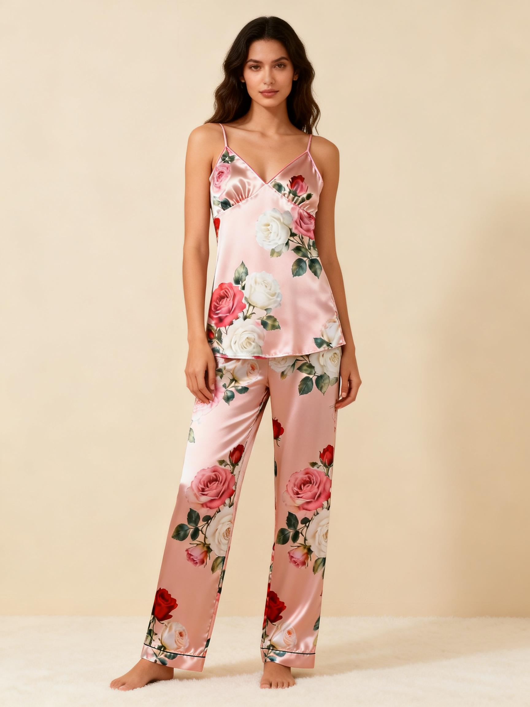 Women's Classic Satin Pajama Set with Retro Glamour Floral Motifs