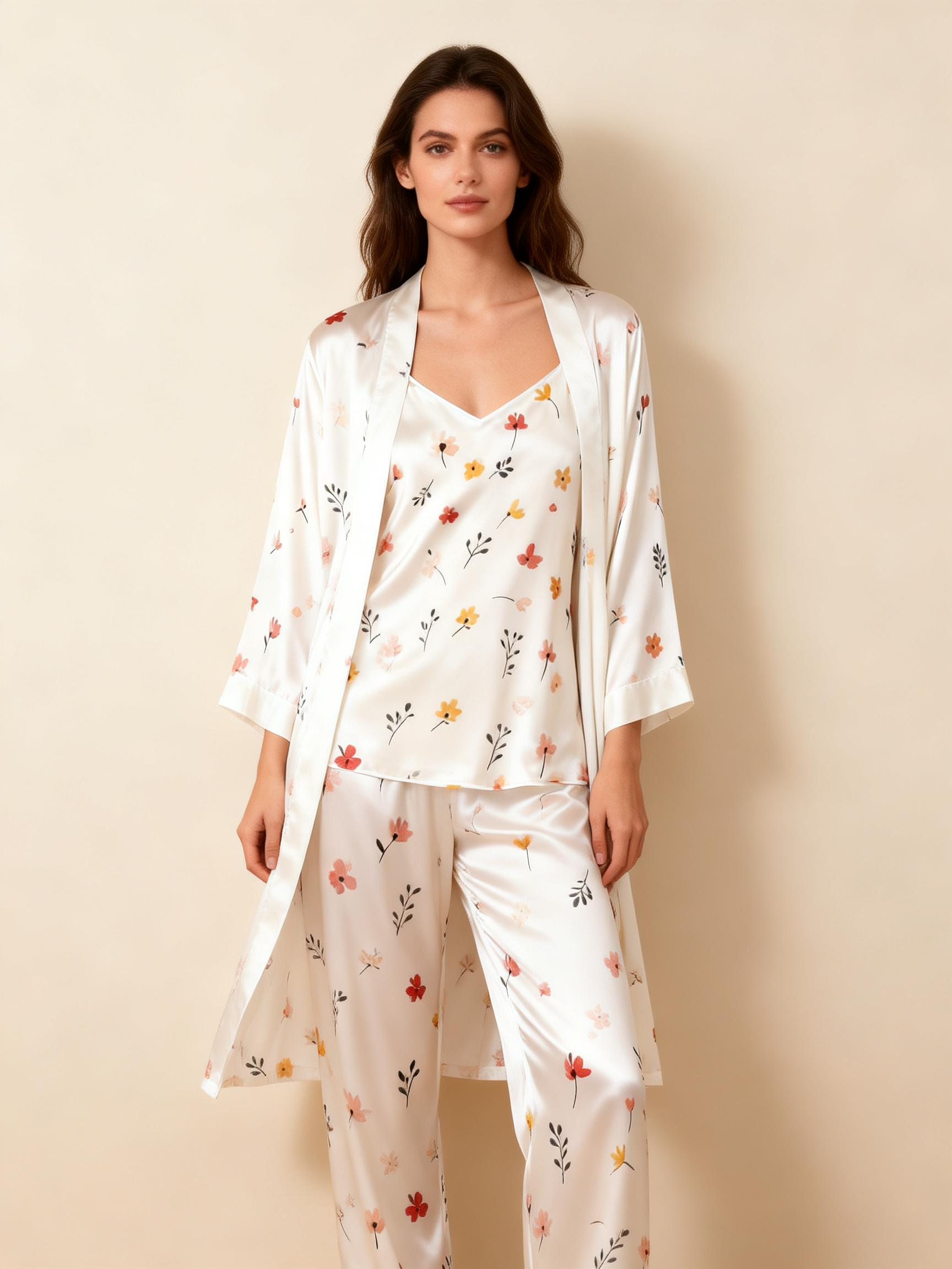 Women's Satin 3-Piece Loungewear Set in Mini Blossoms Style