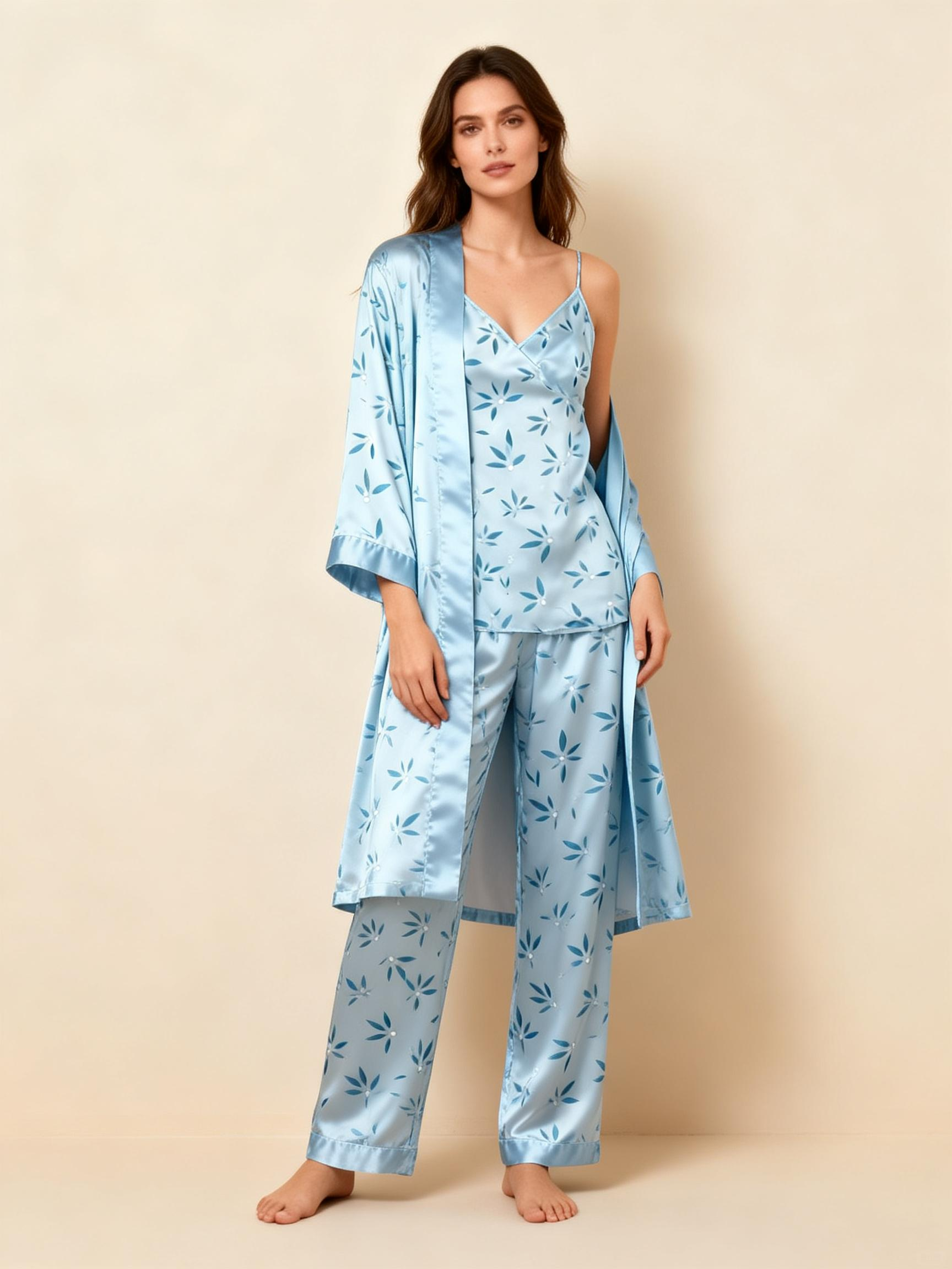 Women's Light Blue Silky Satin Homewear Set with Leaf Motifs