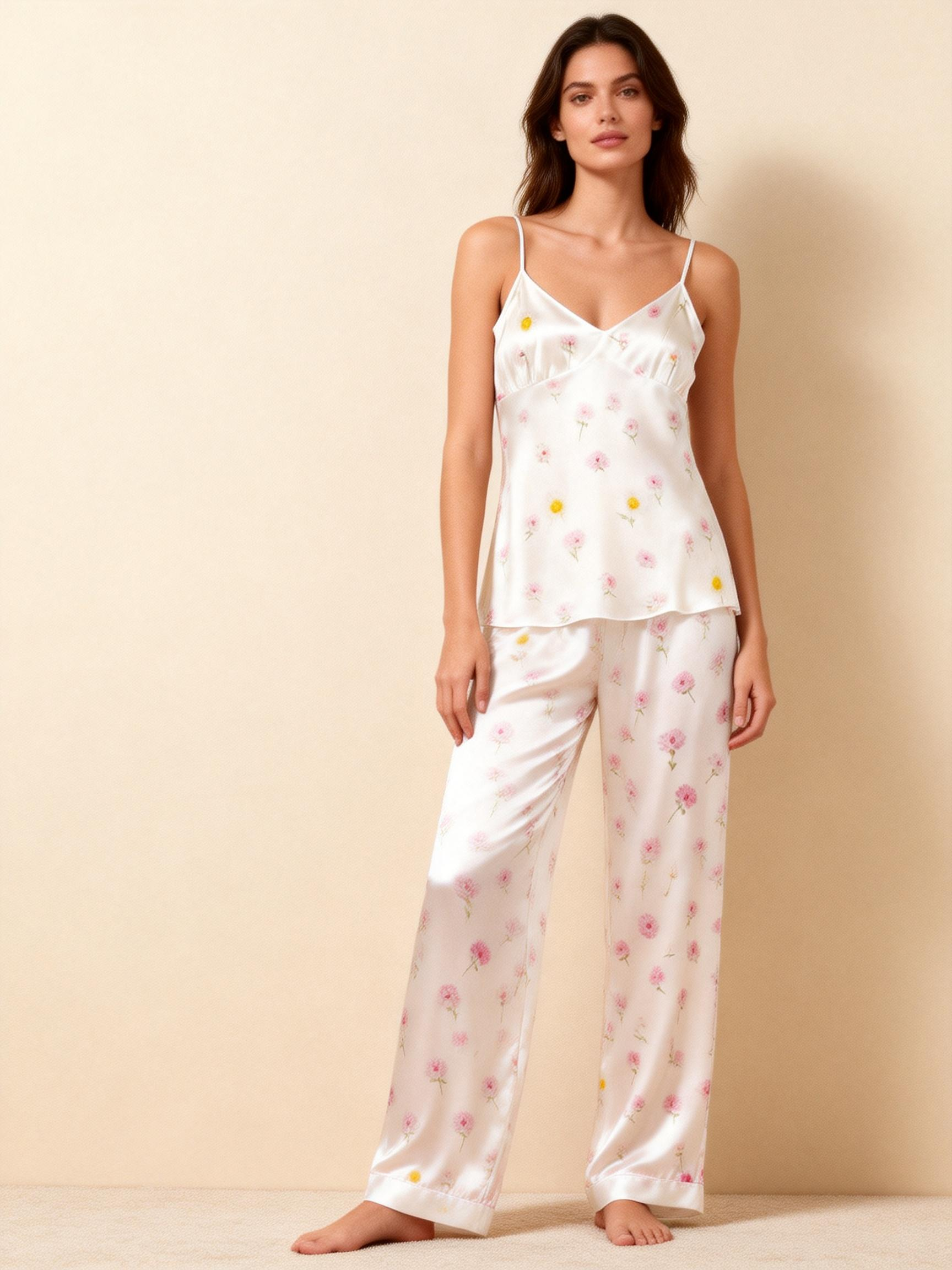3-Piece Satin Nightwear Set with Minimal Pink Floral Pattern