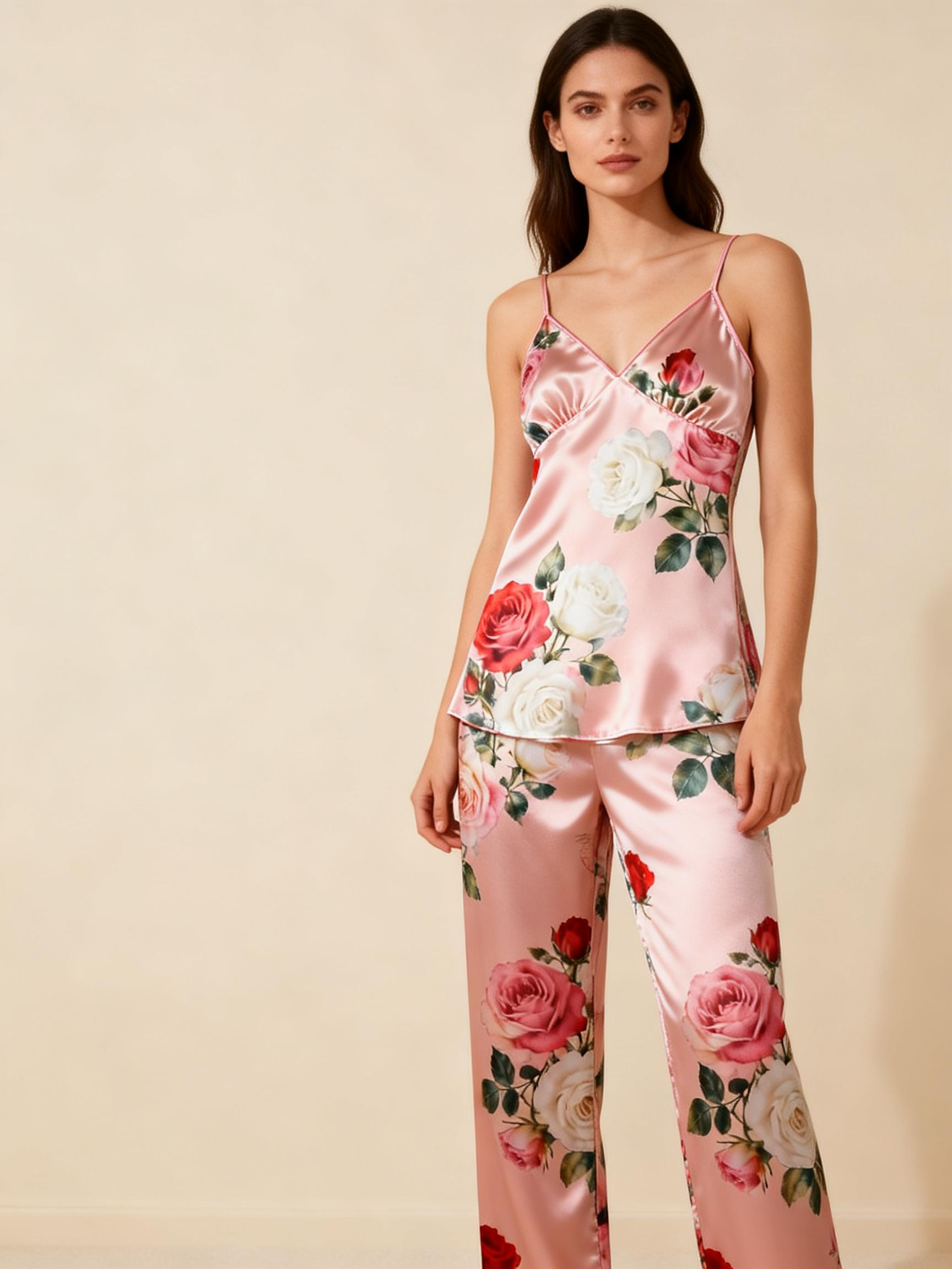 Women's Classic Satin Pajama Set with Retro Glamour Floral Motifs