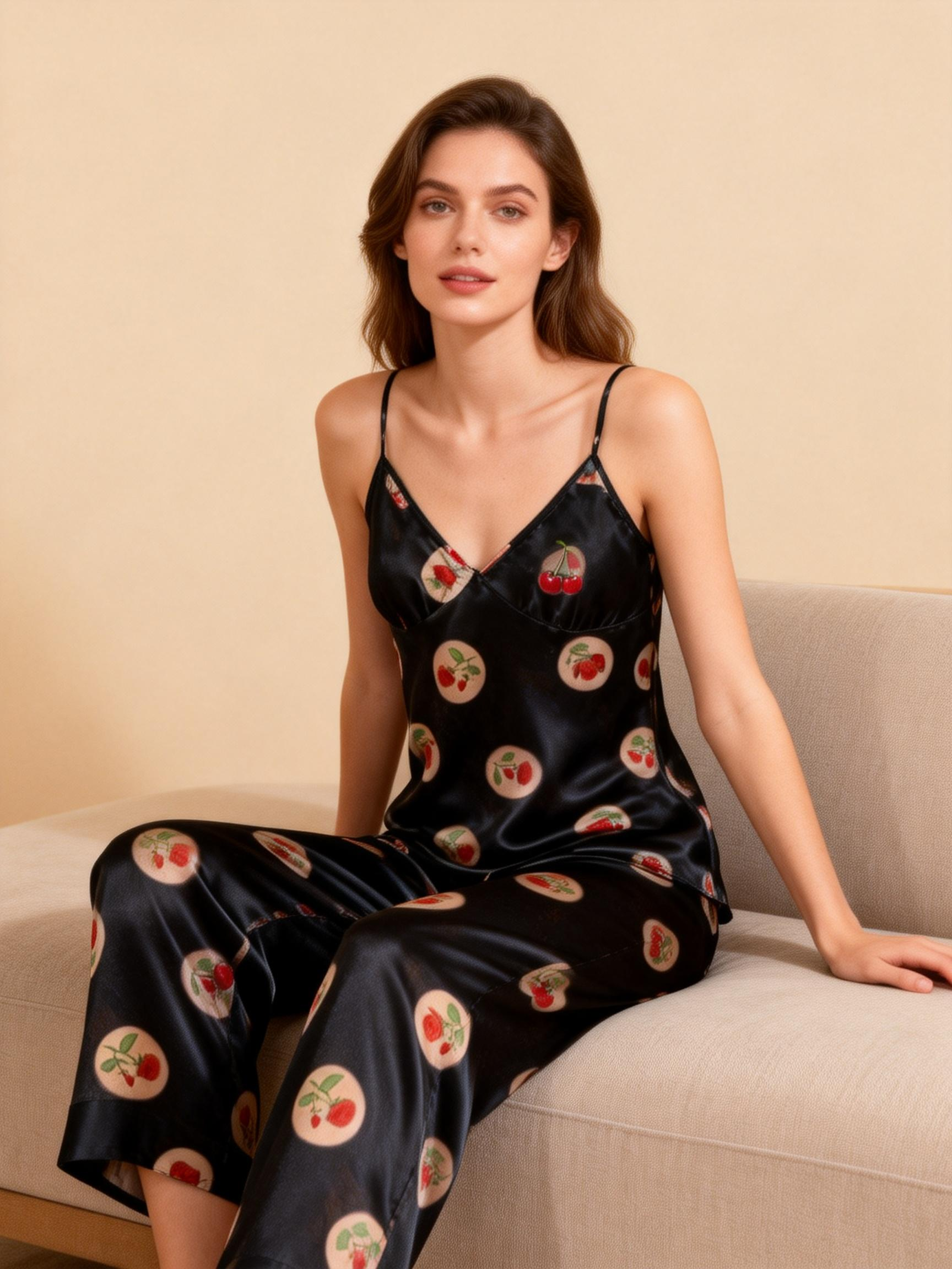 Women's Black Silky Satin Homewear Set with Romantic Rose Illustration