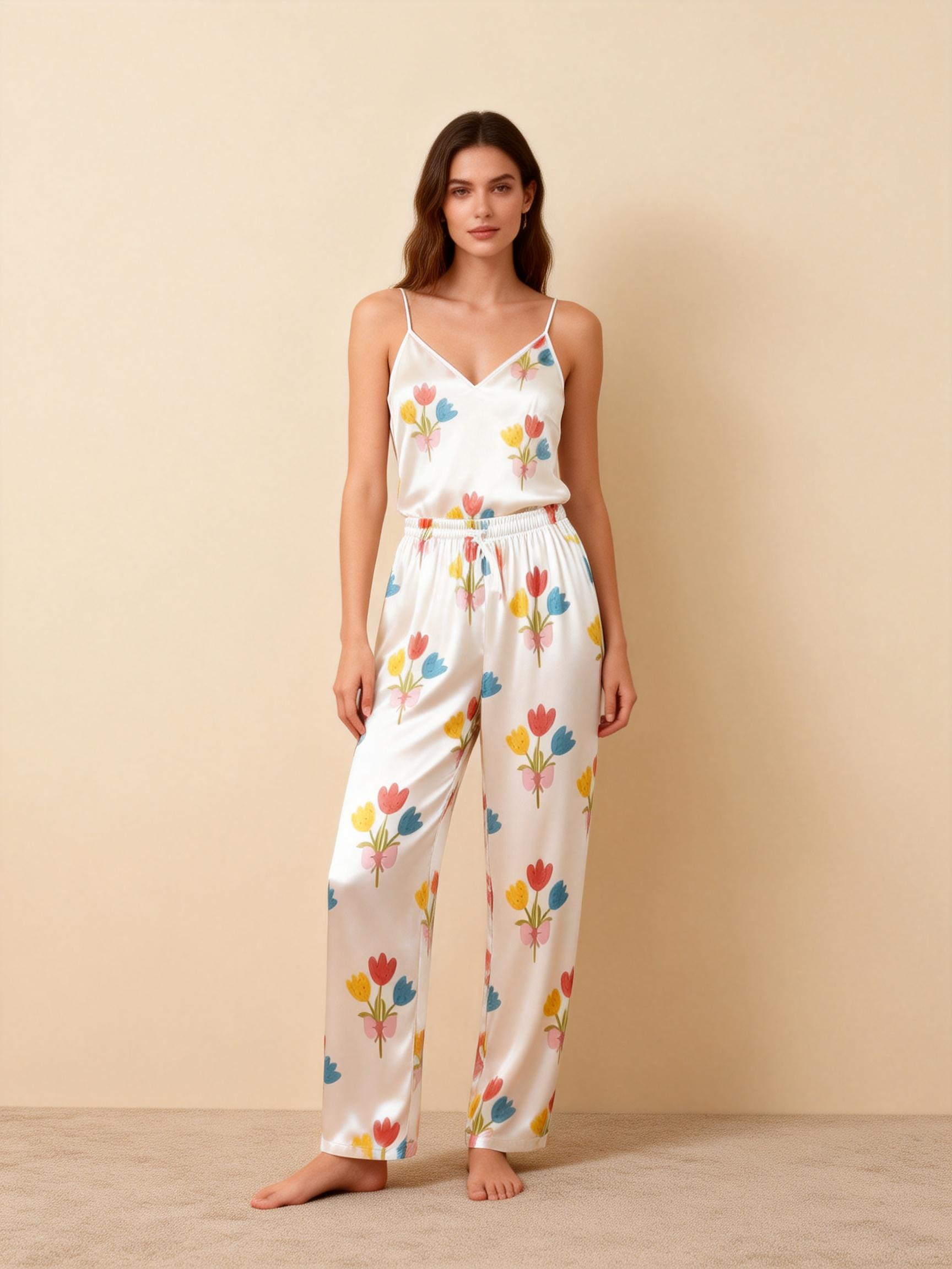 Women's Classic Satin Pajama Set with Colorful Floral Motifs