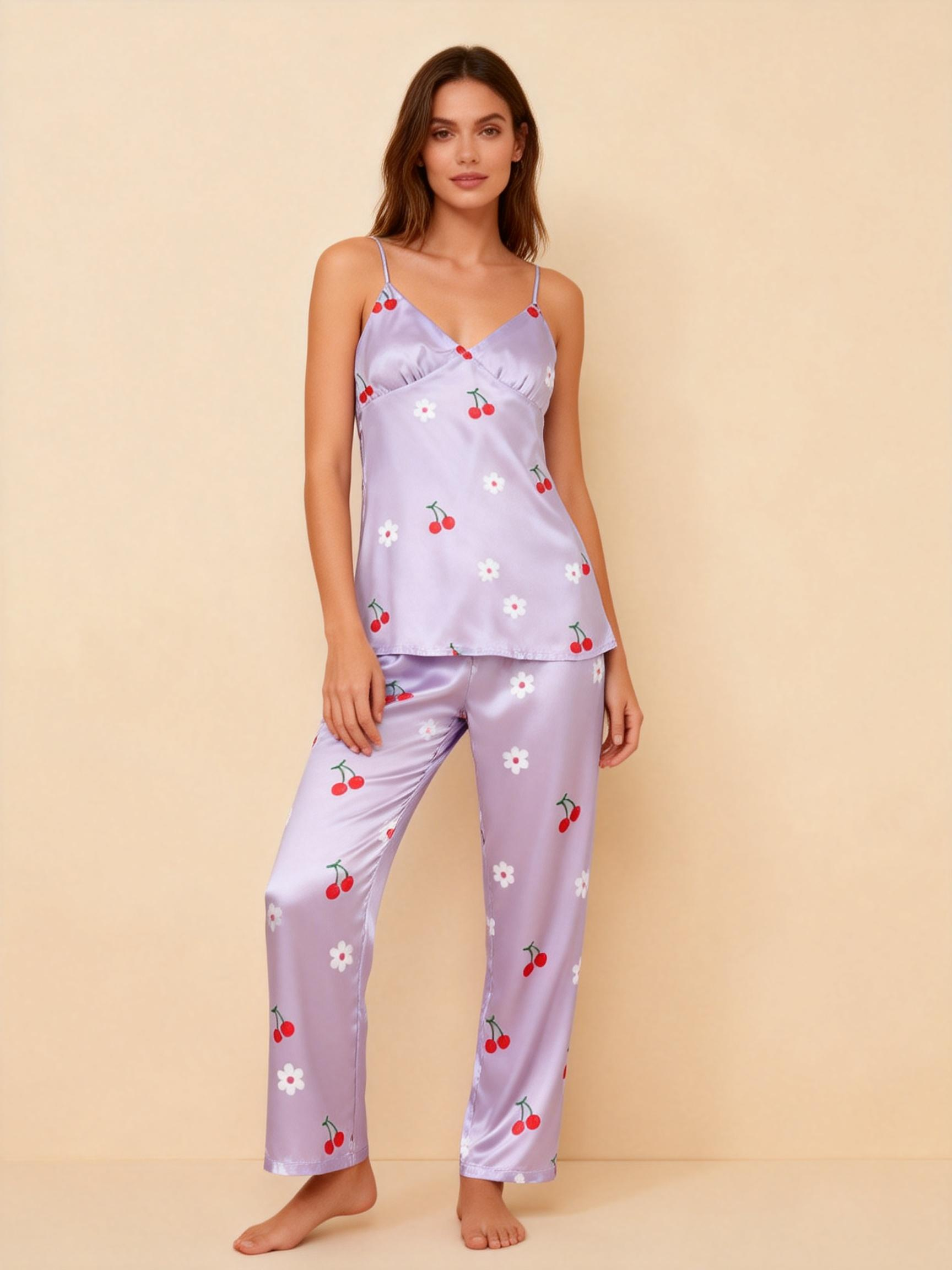 Premium Purple Satin Nightwear Trio With Sweet Cherry Print