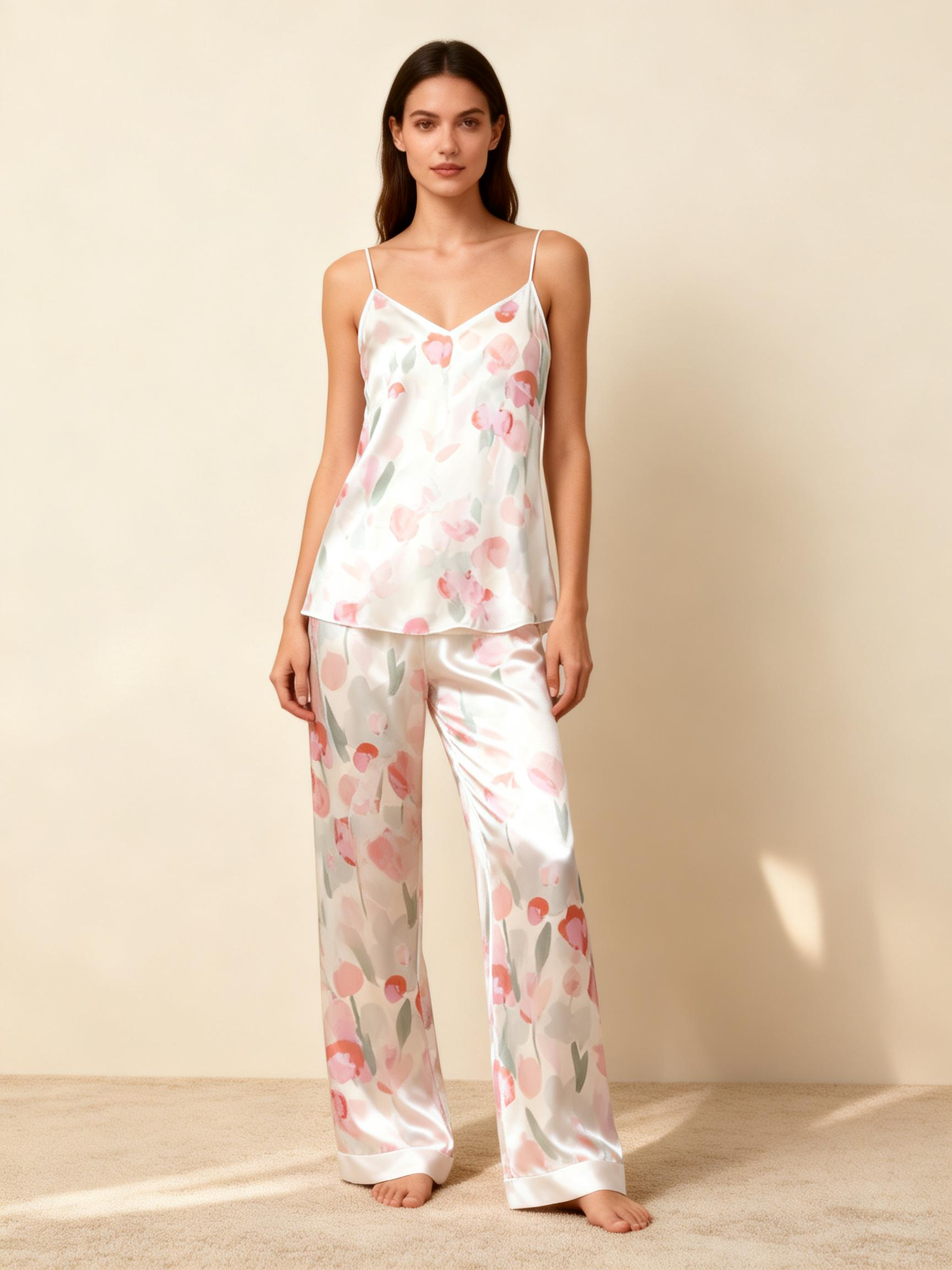 3-Piece Satin Nightwear Set with Watercolor Pink Floral Pattern